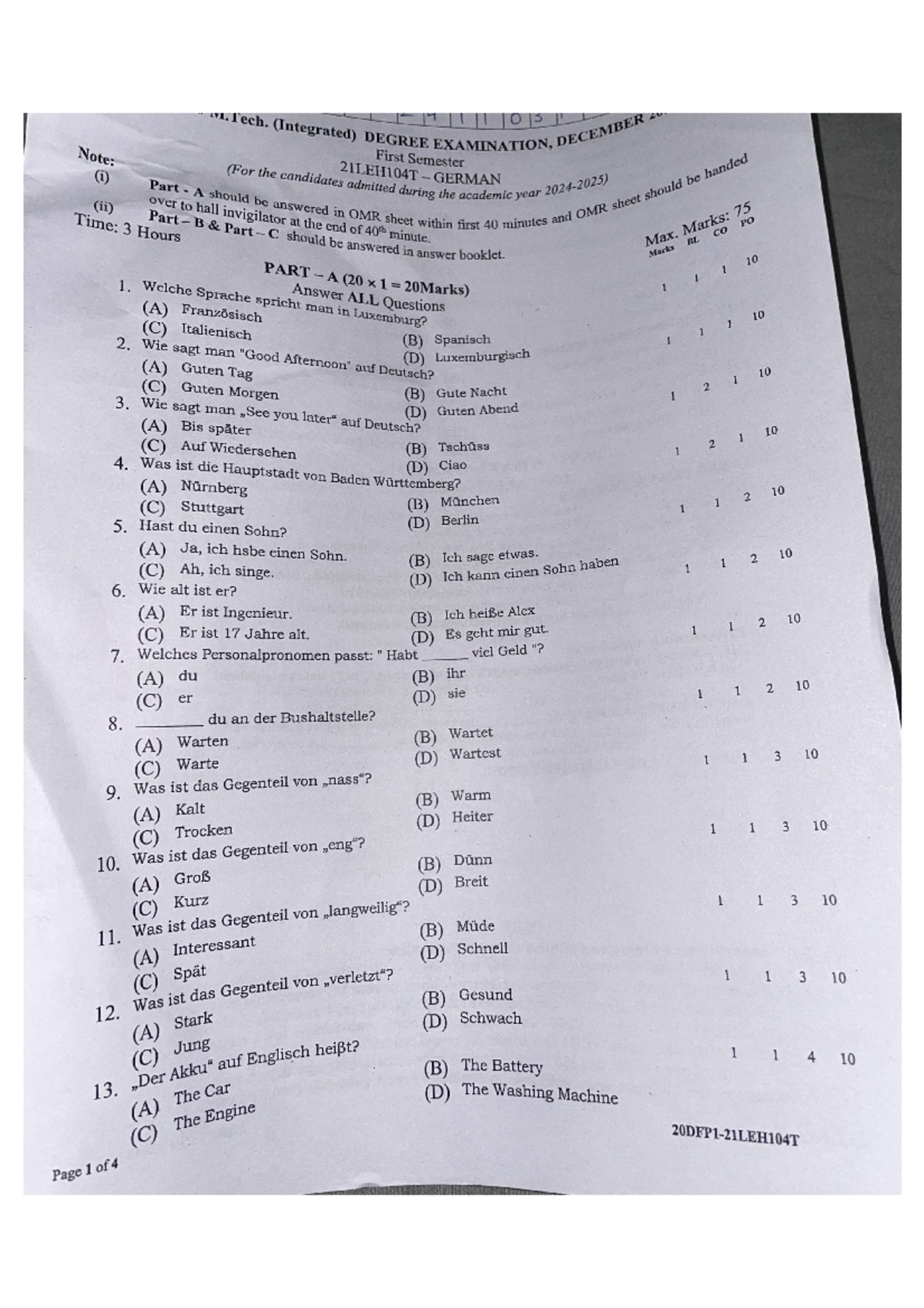 German paper - Tech. Note: (Integrated) DEGREE EXAMINATION, 0 3 ...