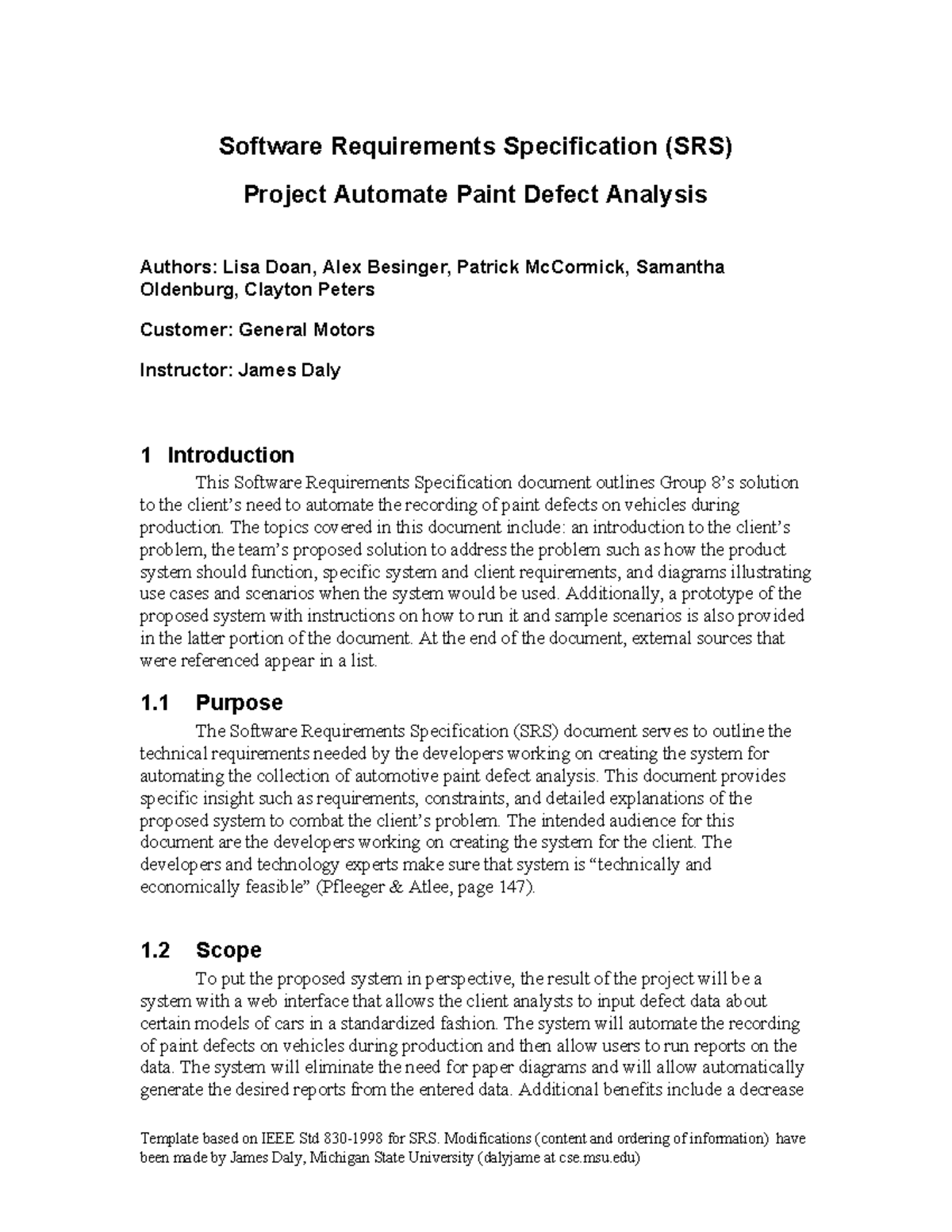 SRS Template for Automating Paint Defect Analysis - Project 8 - Studocu