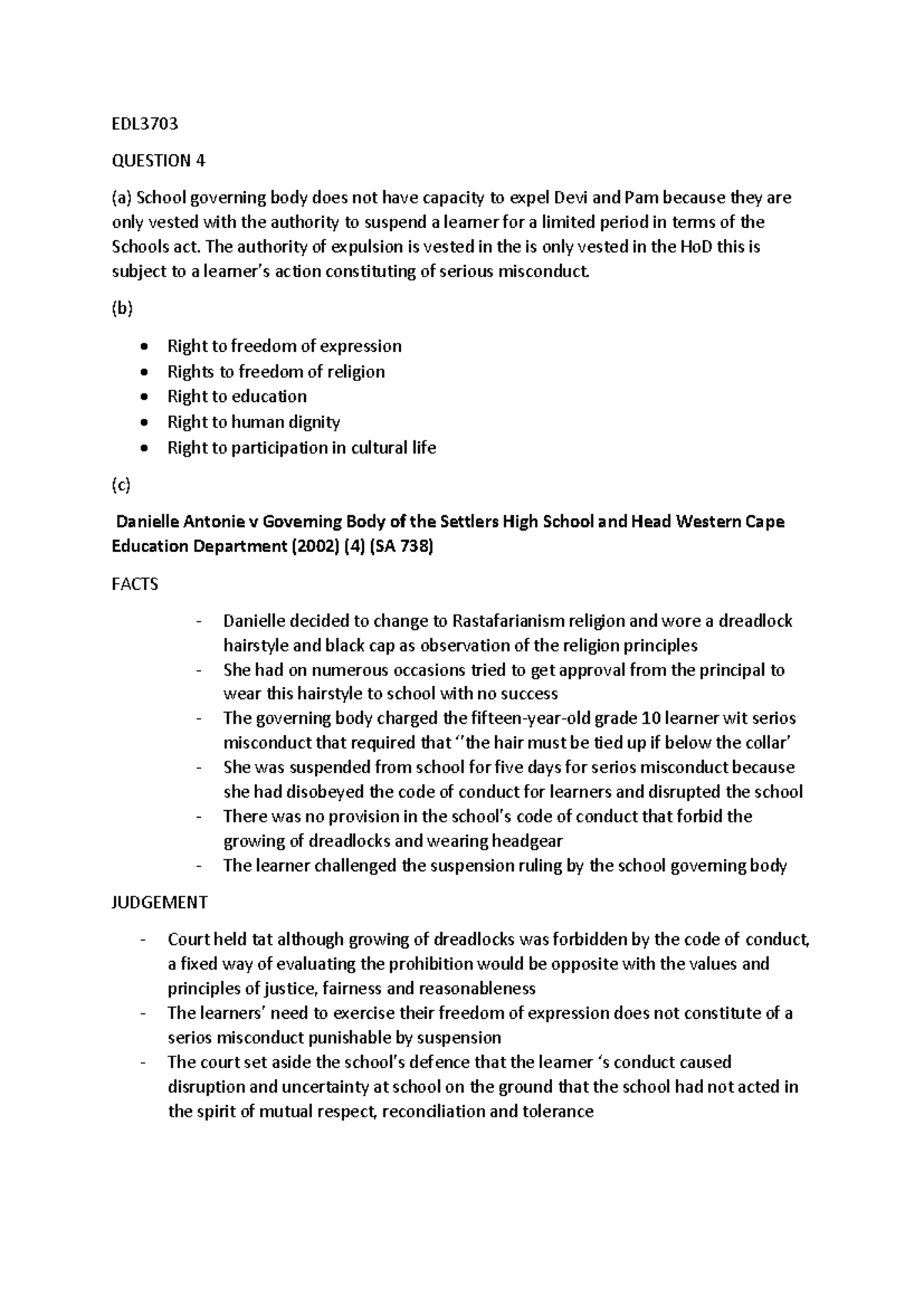 EDL3703 Education Law Case Studies: Rights, Policies, and Judgments ...