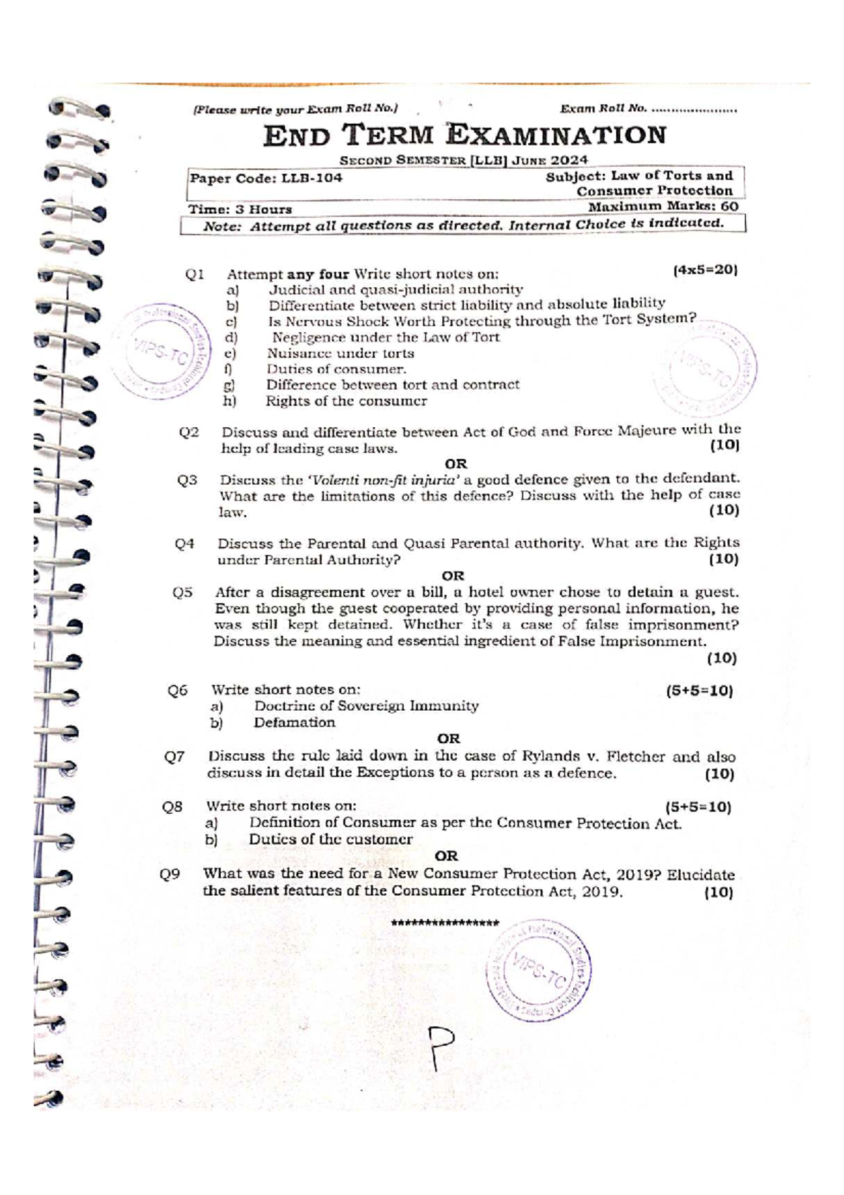 Final Exam: Law of Torts and Consumer Protection (Code 104) - June 2024 ...