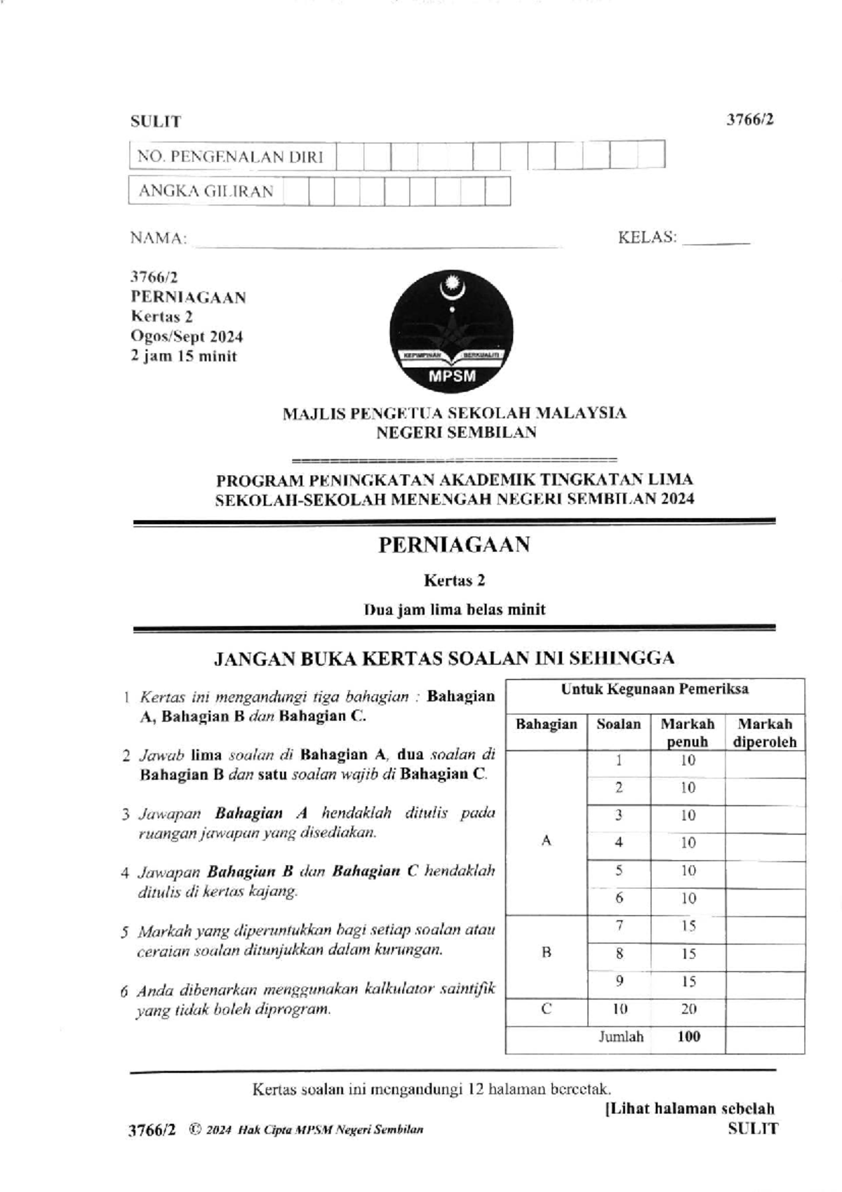 Kertas 2 Percubaan Perniagaan 2024: Soalan dan Panduan Jawapan - Document Preview