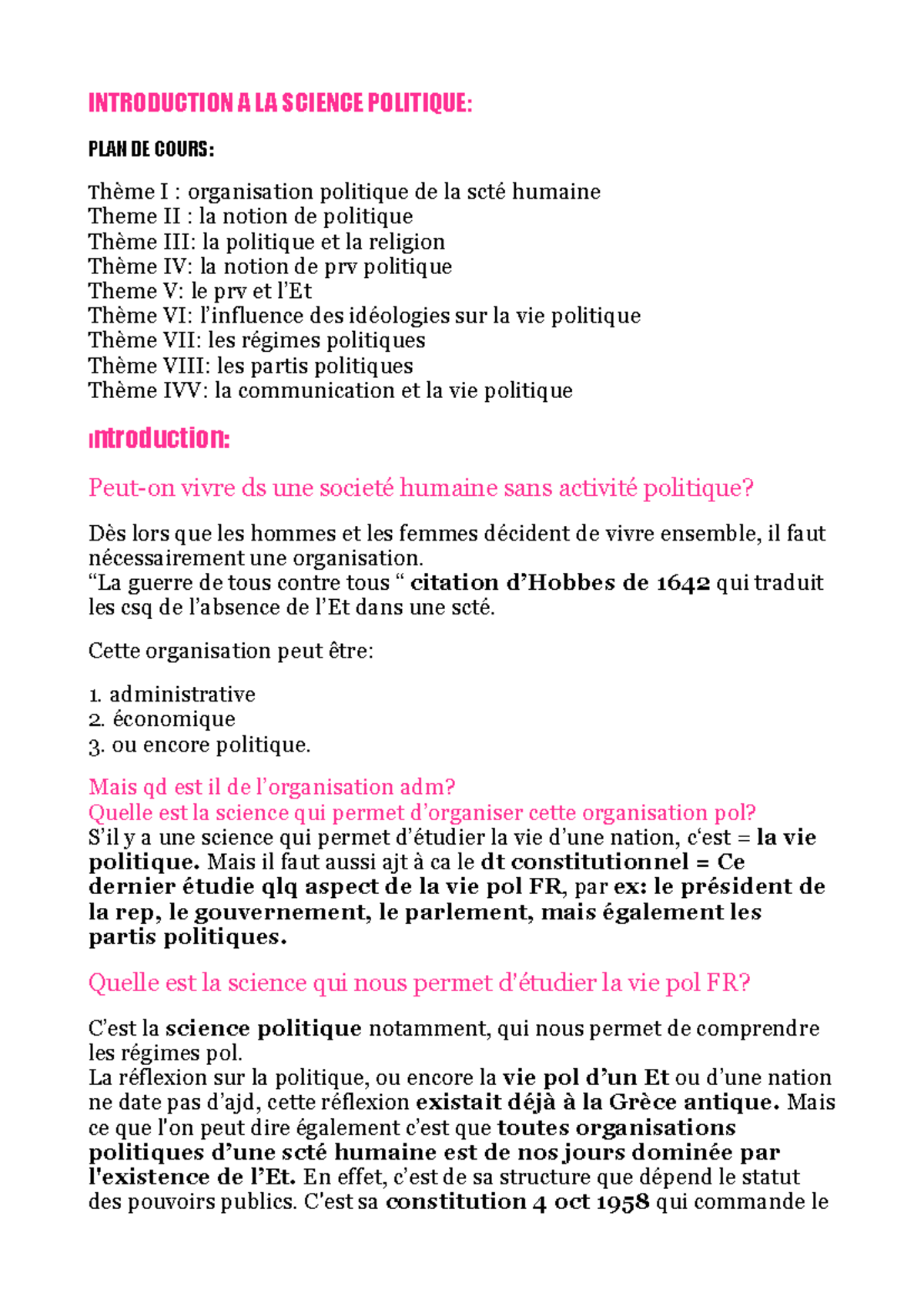 Cours intro science politique - INTRODUCTION A LA SCIENCE POLITIQUE ...