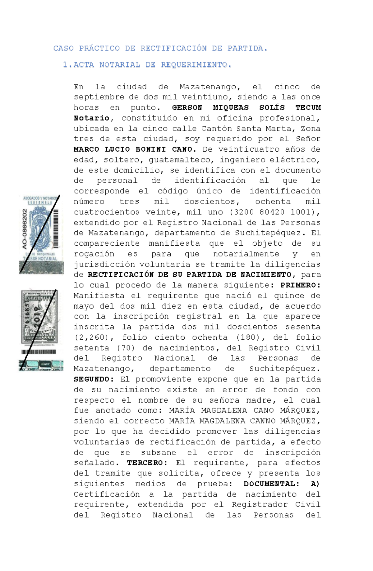 8. Caso Práctico sobre Rectificación de Partida de Nacimiento - Document Preview