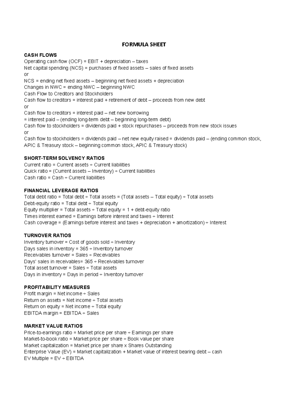 Formula Sheet: Cash Flows & Financial Ratios (Final Exam) - Studocu