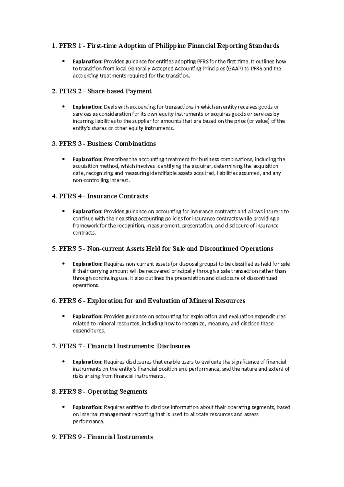 Comprehensive Summary of PFRS for Accounting Standards and IFRS - Studocu