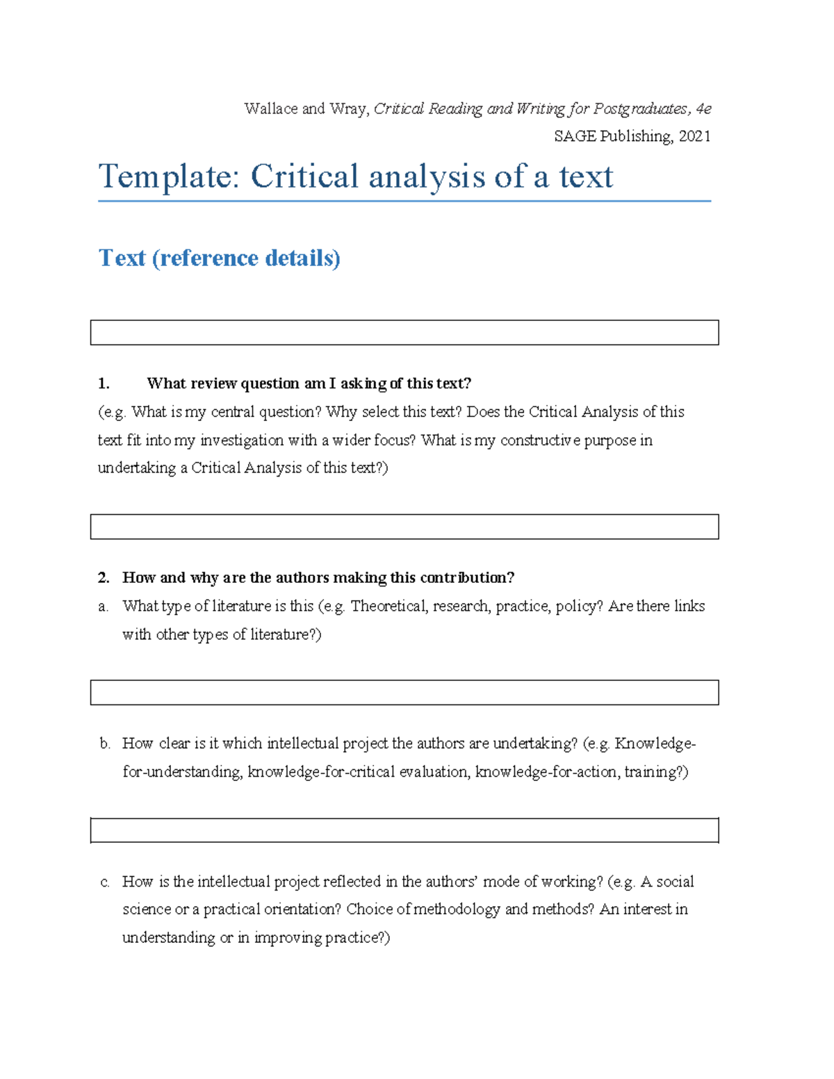 Critical Analysis Template for Wallace and Wray, 4e SAGE Publishing ...