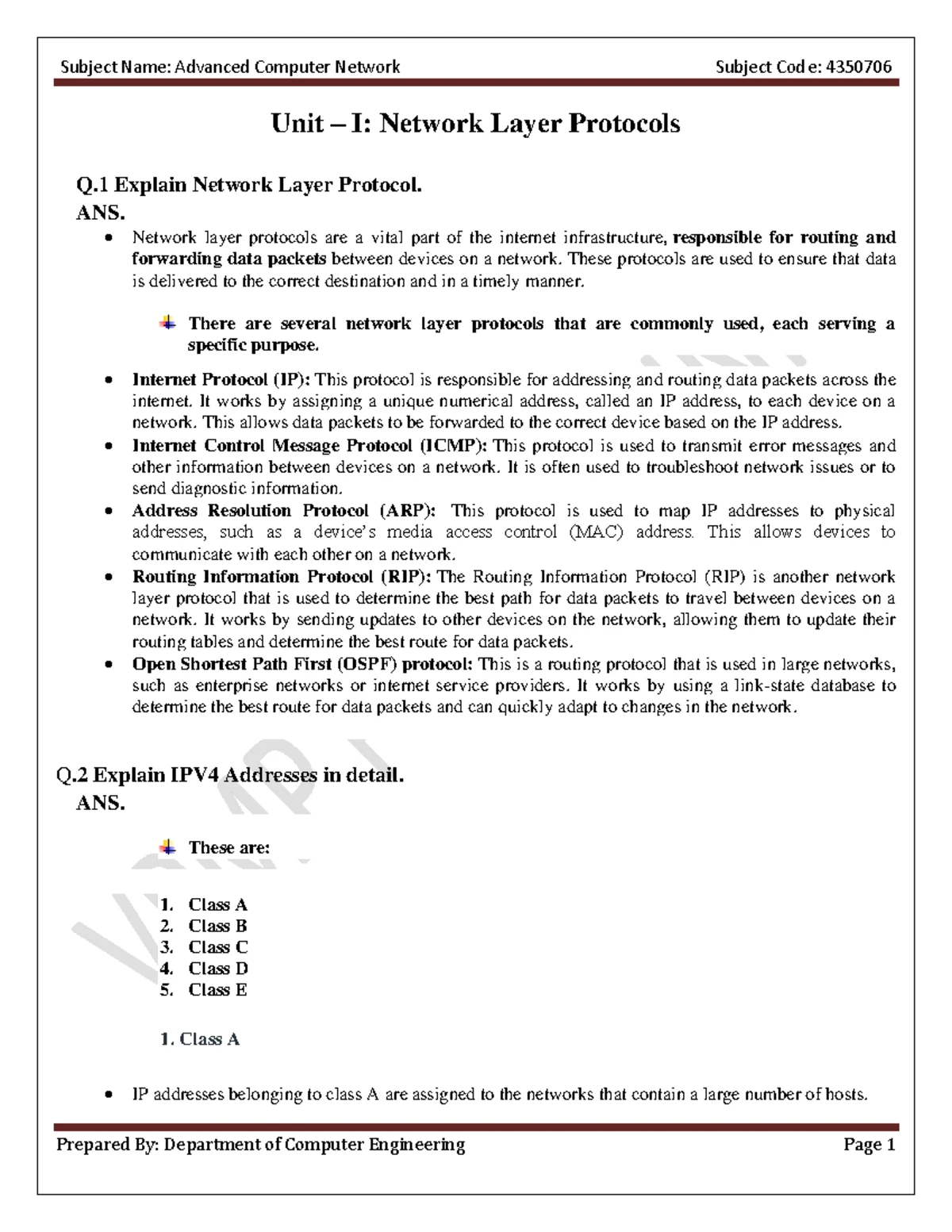 ACN Unit 1 - Nice - DATE Unit 1 PAGE NO Network Layer protocol. what is ...