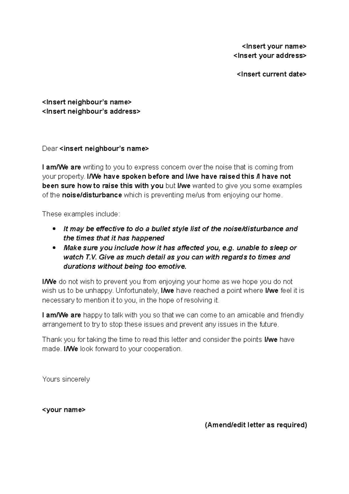 Letter to noisy neighbour template