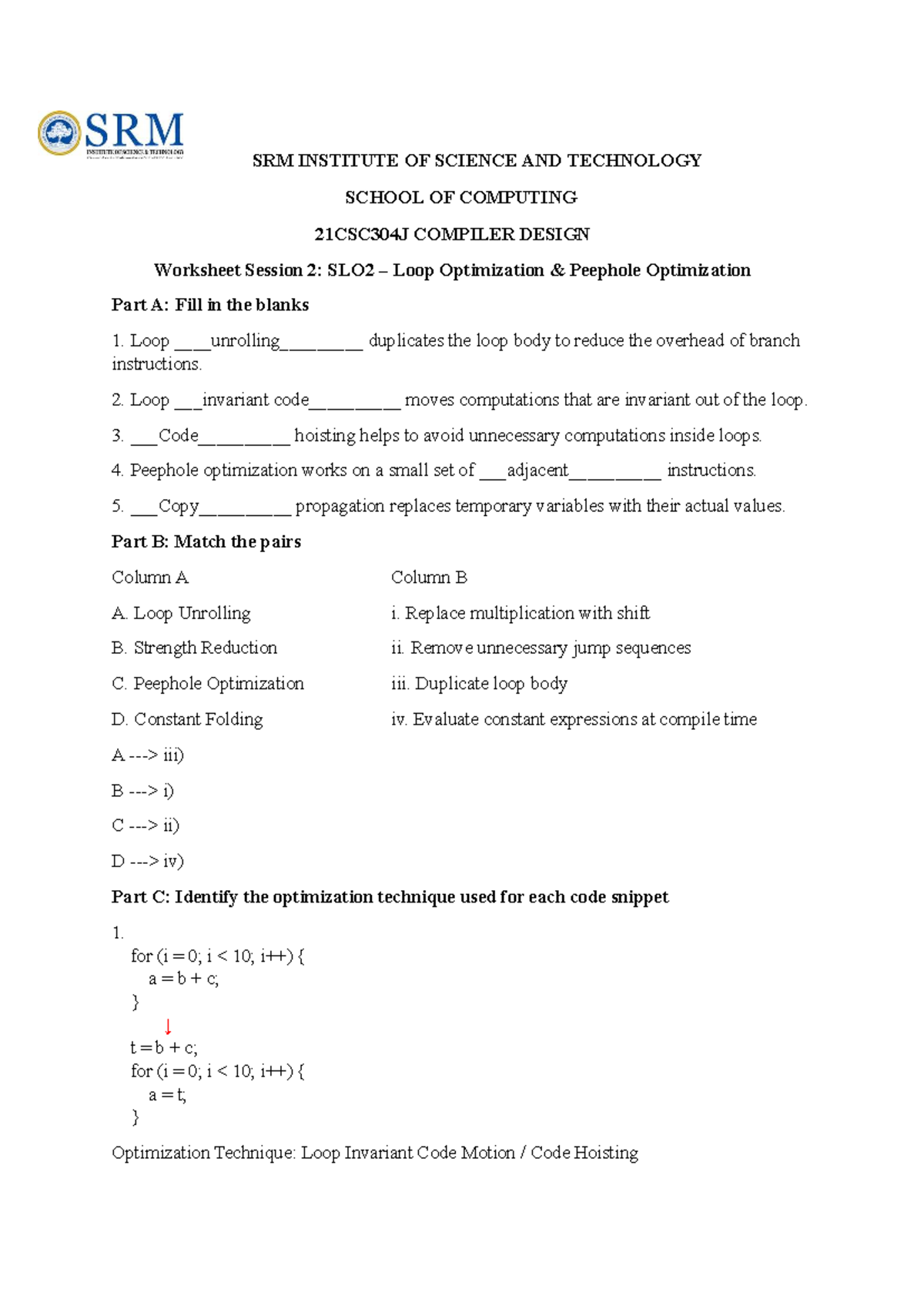 21CSC304J Compiler Design Worksheet: Loop & Peephole Optimization - Studocu