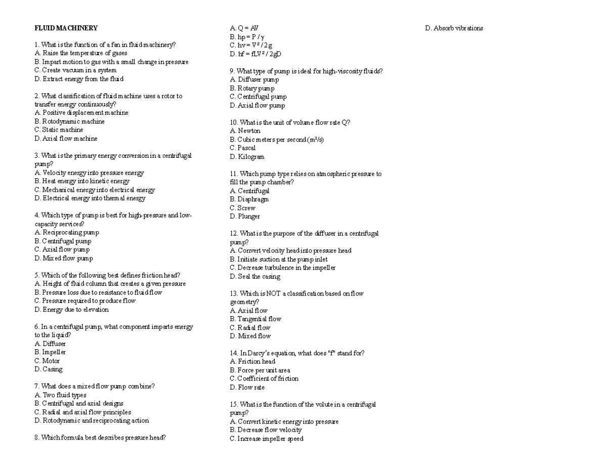 FLUID MACHINERY 1 - Practice Problems and Solutions - Studocu
