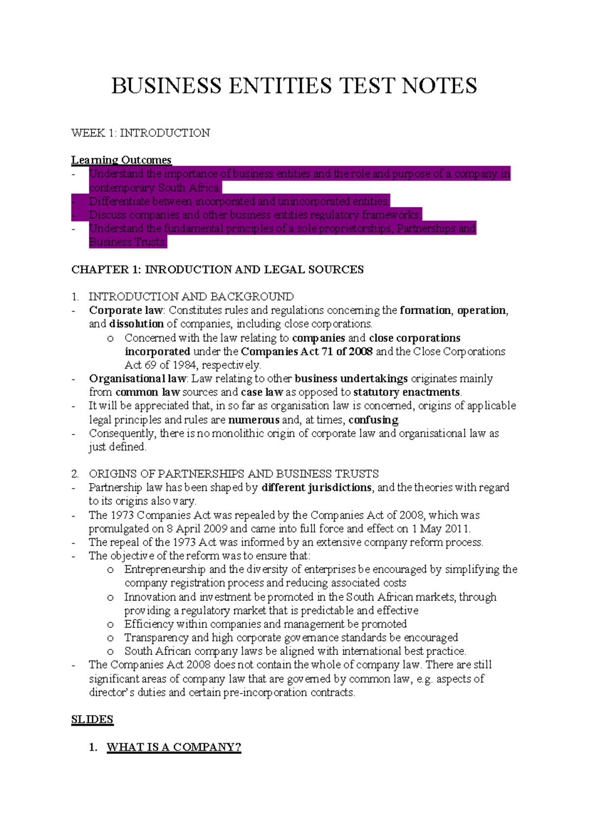 BUSINESS ENTITIES TEST NOTES (WEEK 1-6): INTRODUCTION TO CORPORATE LAW ...