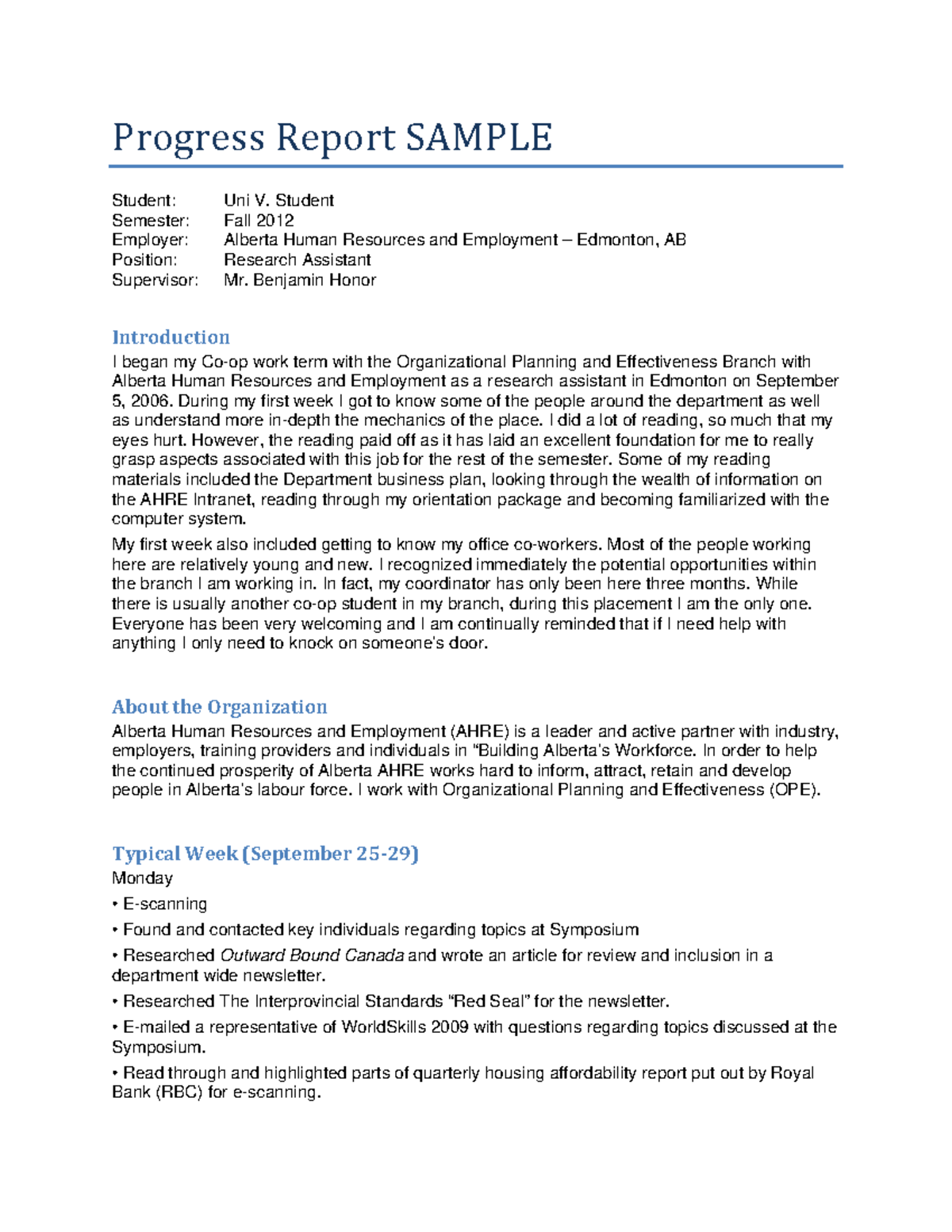 Progress Report Sample 1 - Progress Report SAMPLE Student: Uni V ...