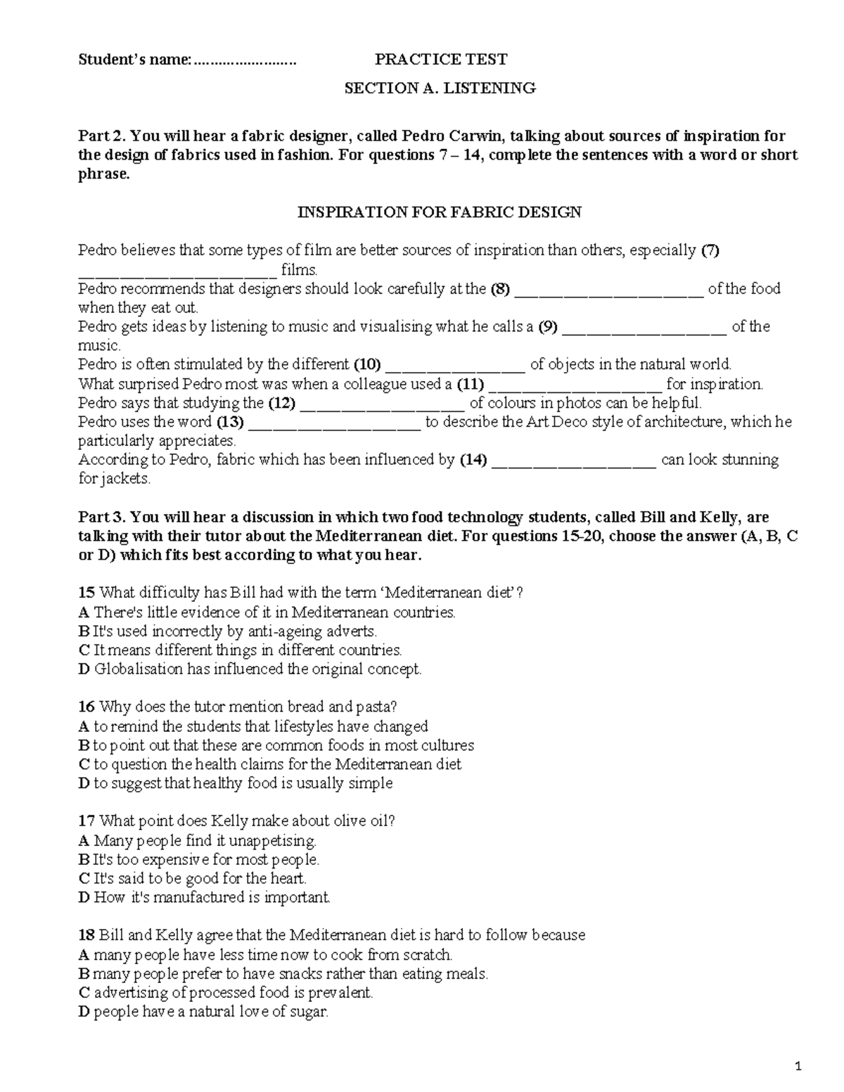 PRACTICE TEST 10: LISTENING & READING COMPREHENSION - Studocu