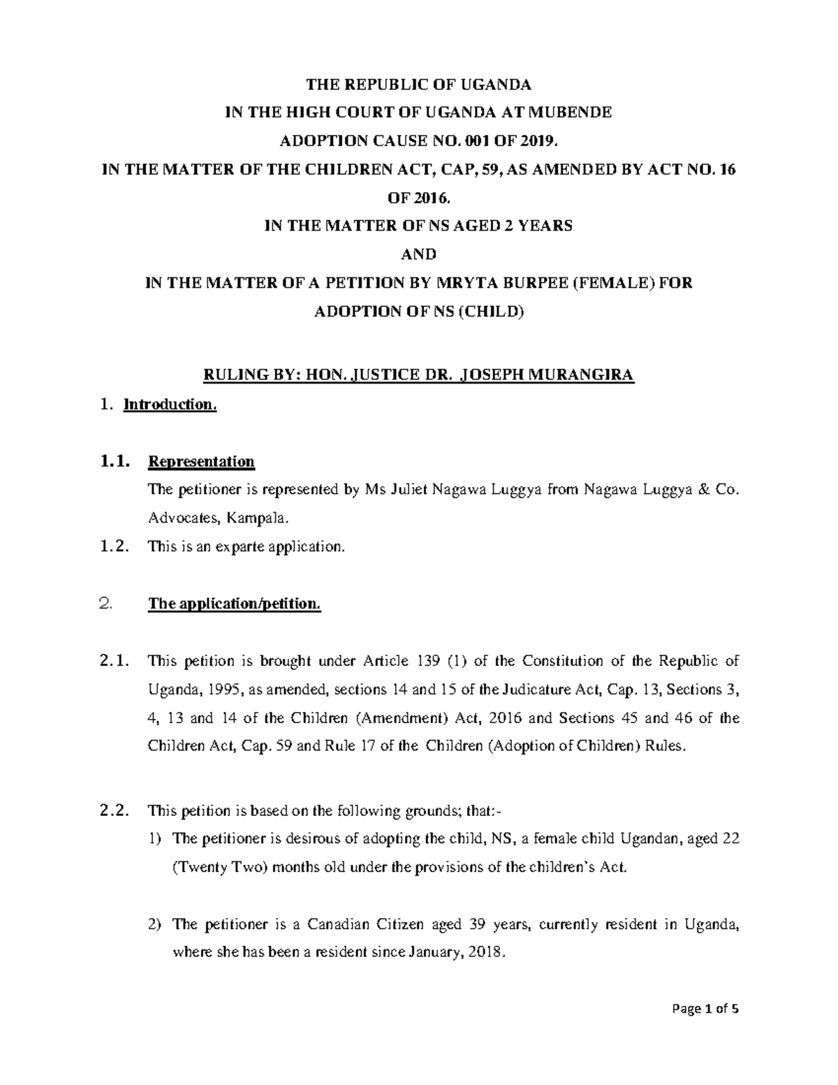 In Re NS: Adoption Cause No. 001 of 2019 - Ruling by Hon. Justice ...