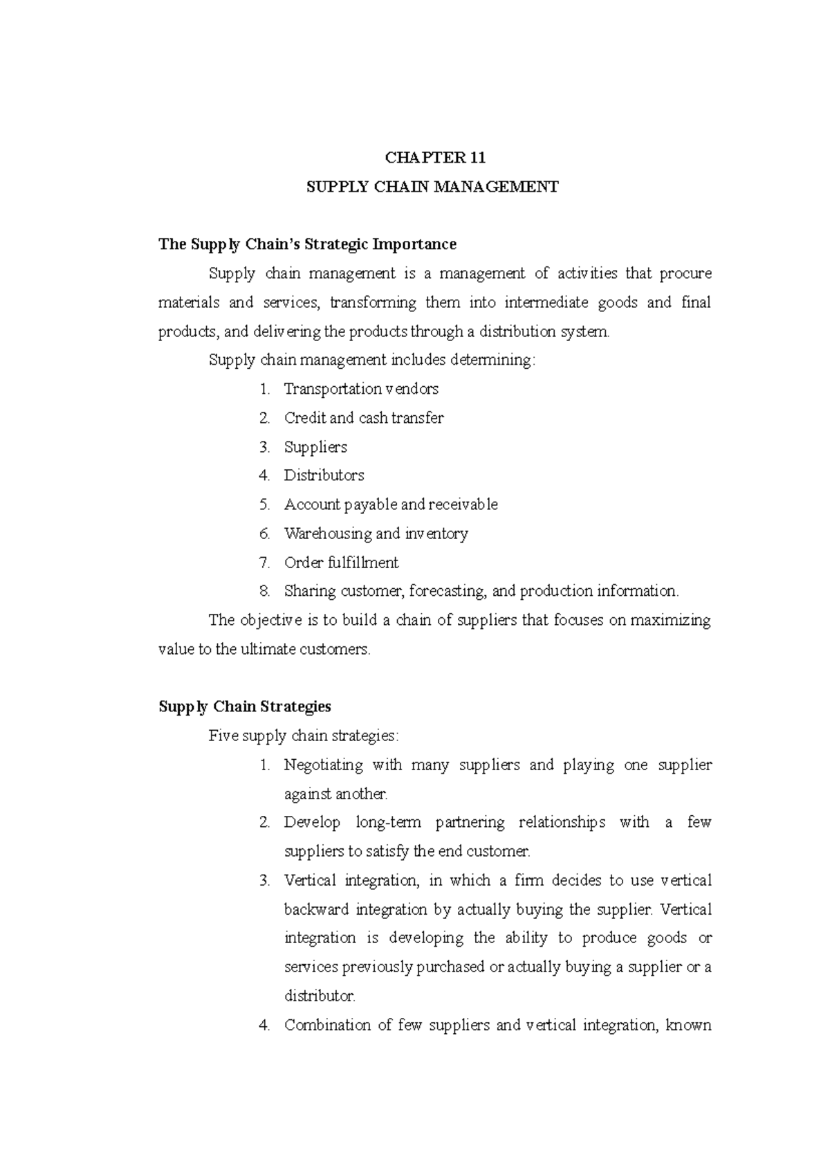 Operations Management - Supply Chain Management Summary (Chapter 11 ...
