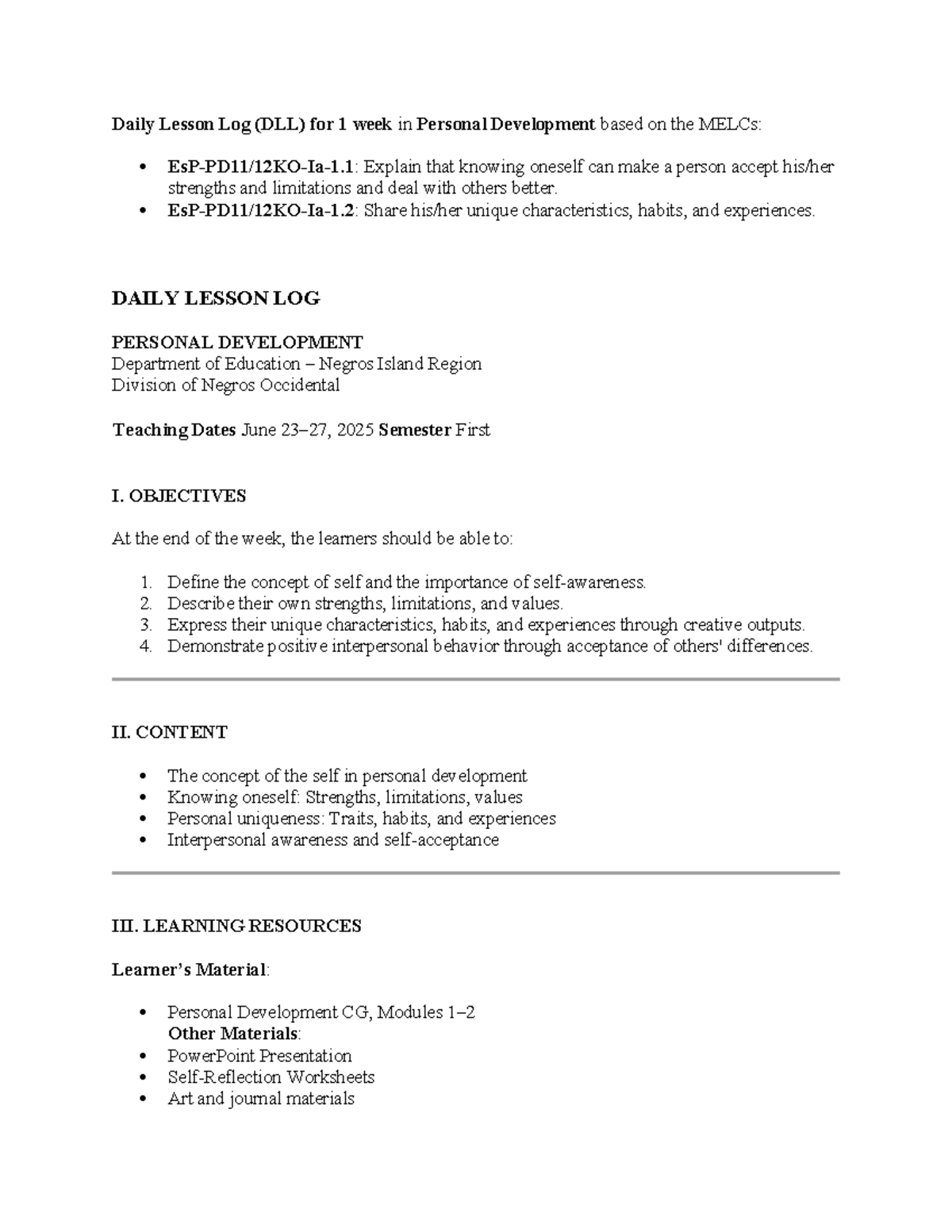 DLL for Personal Development: Week 1 Lesson Log (June 2025) - Studocu