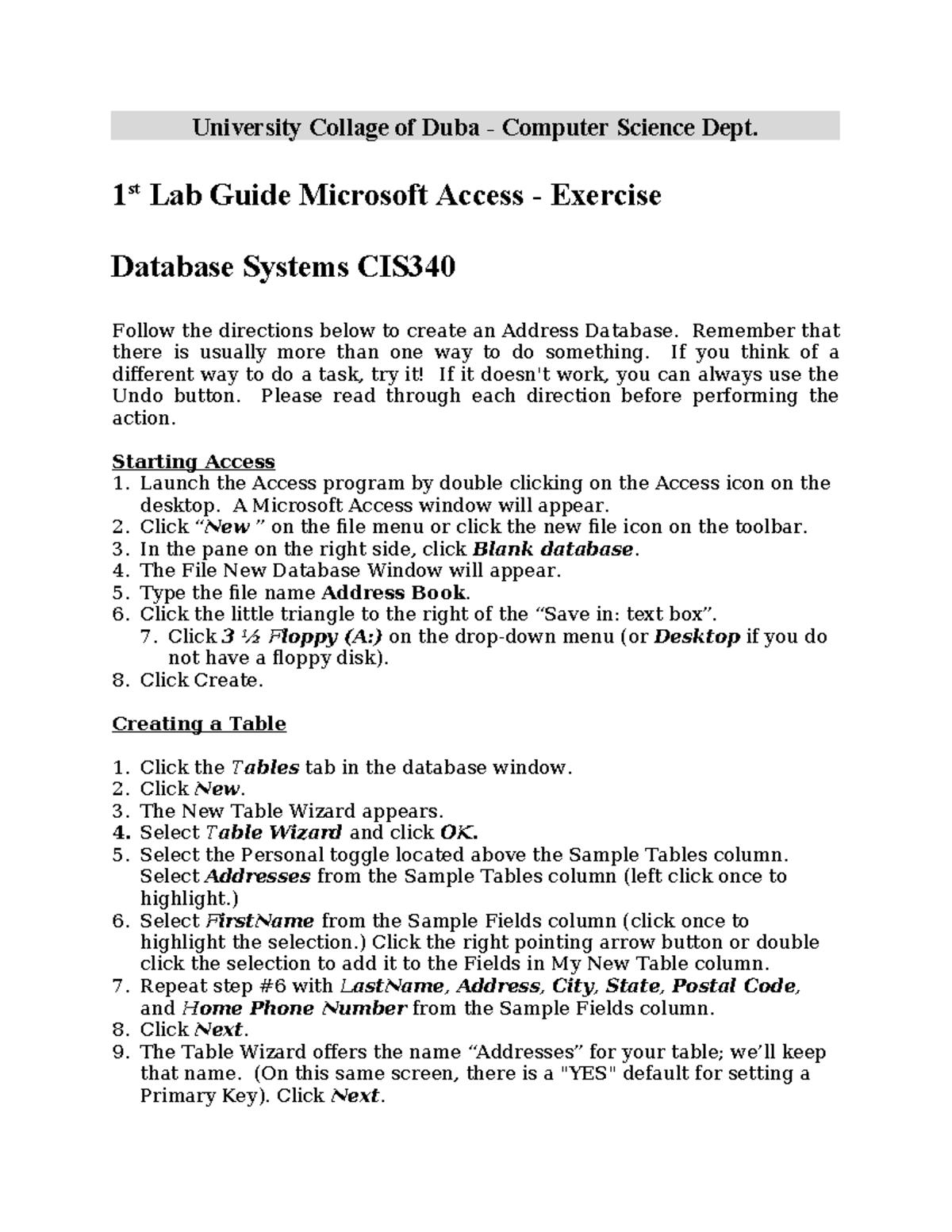 CIS340 1st Lab Guide: Creating an Address Database in Access - Studocu