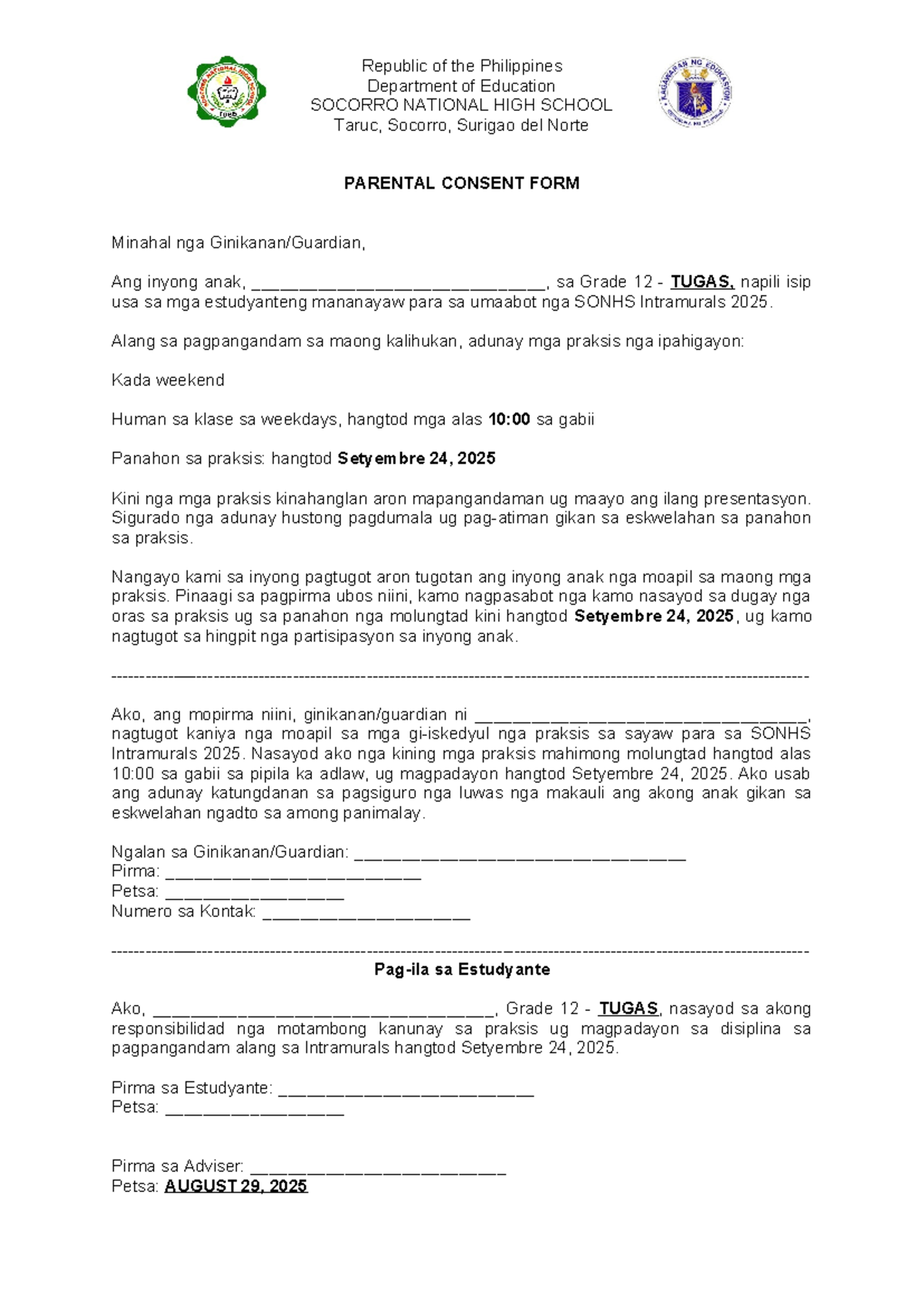 Parental Consent Form for Grade 12 TUGAS - SONHS Intramurals 2025 - Studocu