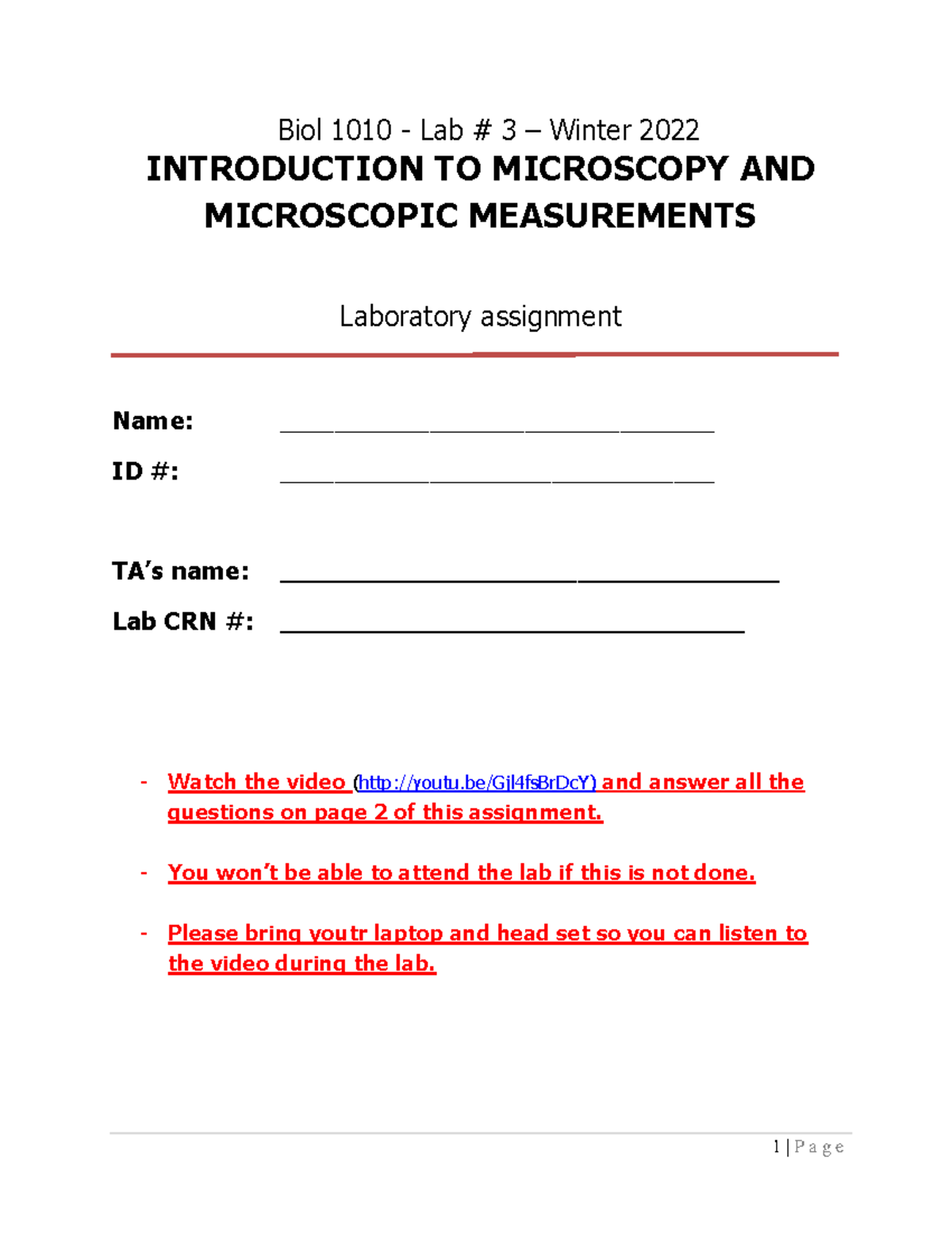 Lab 3 - Intro to Microscopy - Lab Assignment - W2022 - Biol 1010 - Lab ...