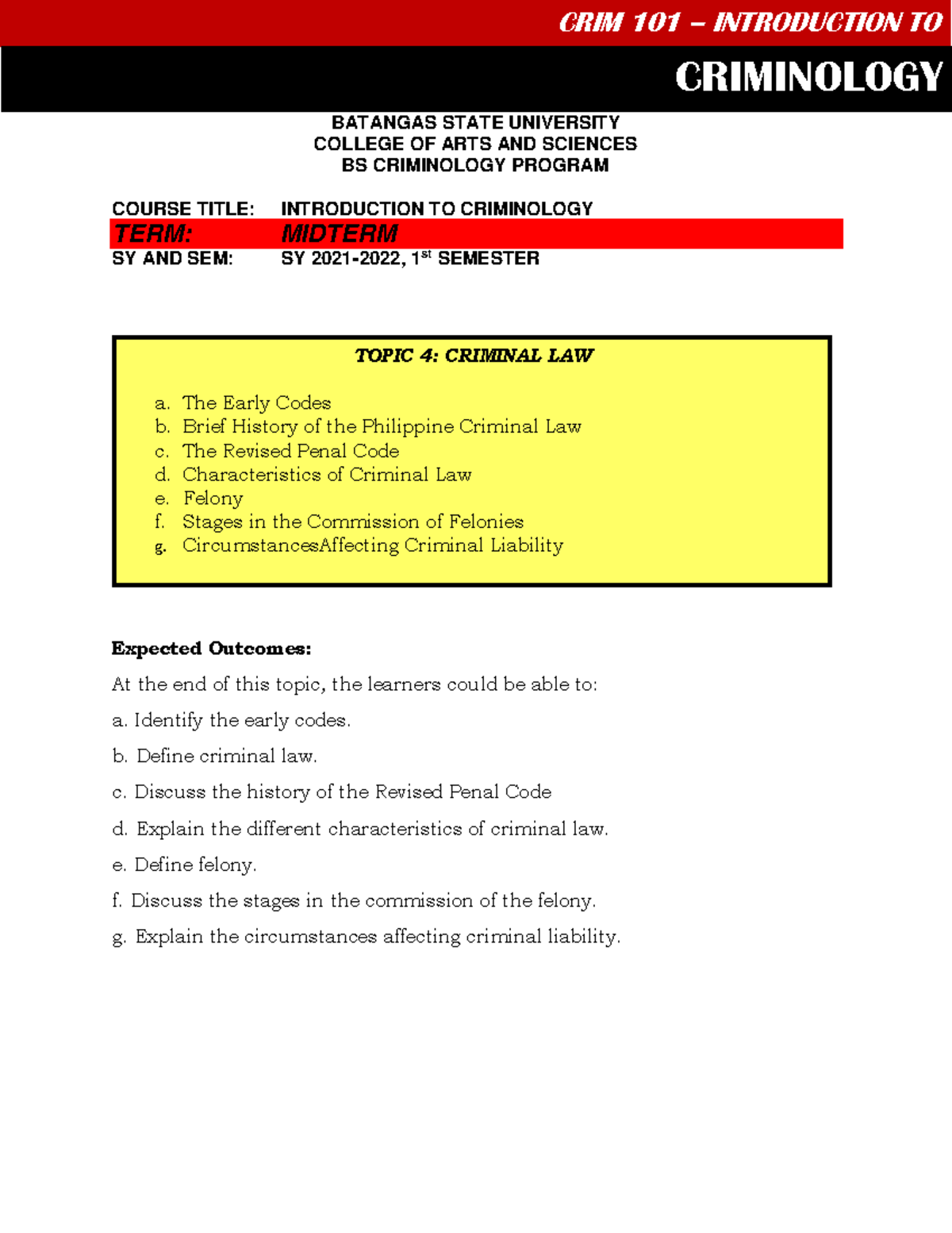 Midterm Exam CRIM 101 - Criminal Law Overview and Key Concepts - Studocu