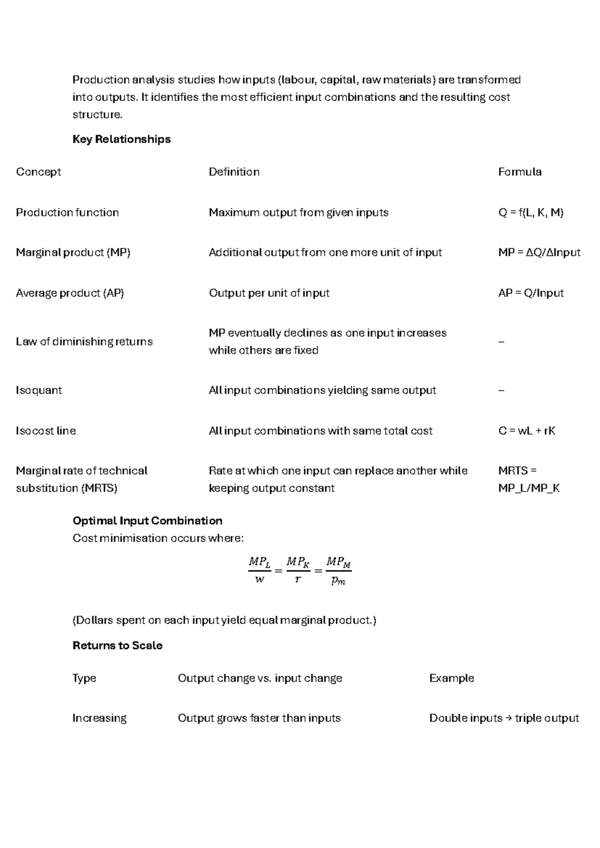 Production Analysis: Inputs, Outputs, and Consumption Policies - Studocu