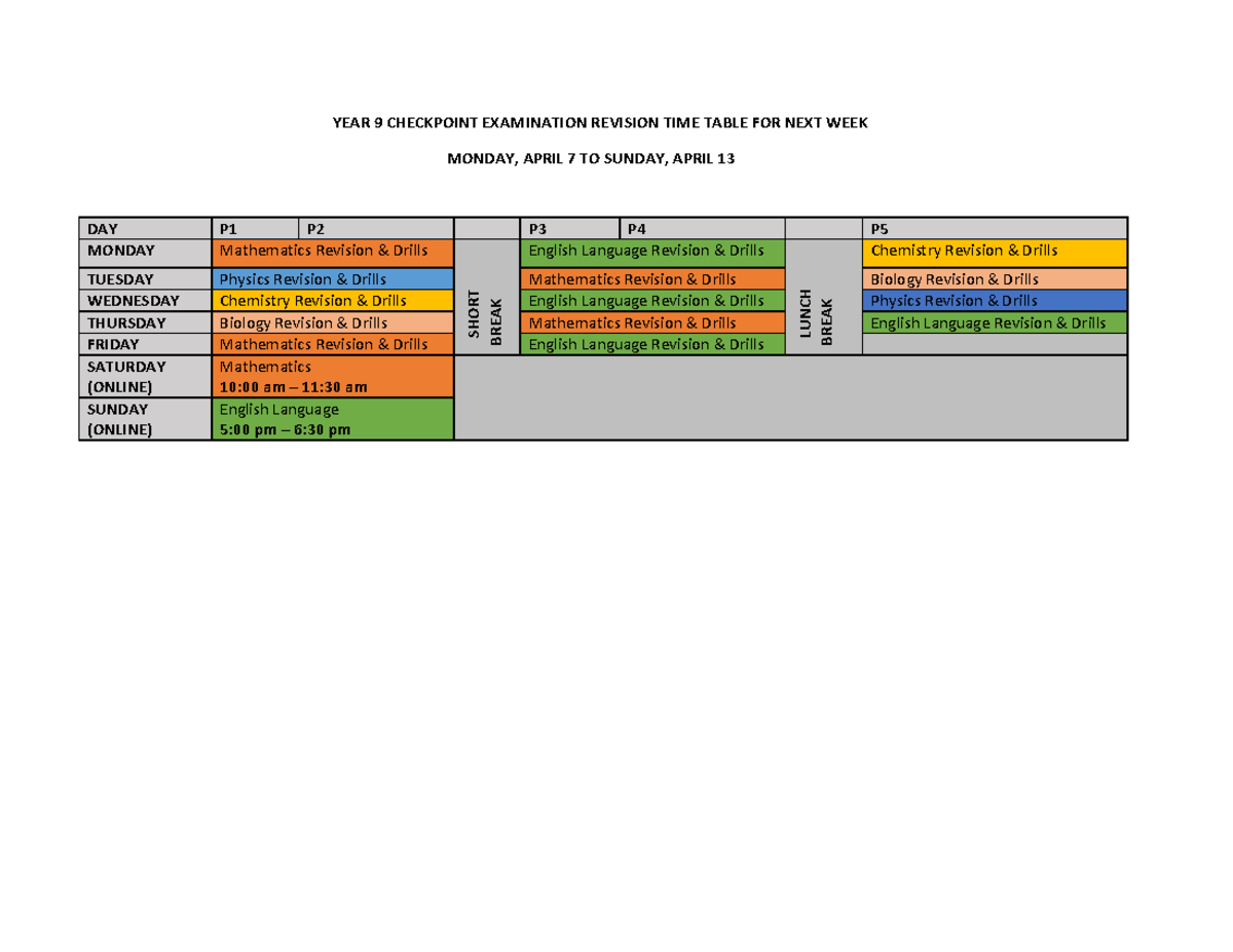 YEAR 9 Checkpoint Examination Revision TIME Table FOR NEXT WEEK - YEAR ...