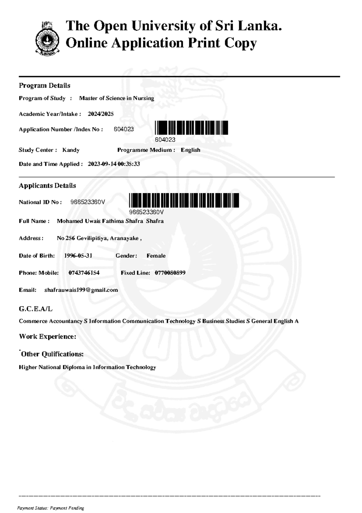 OUSL APP NO 604023 - ... - The Open University of Sri Lanka. Online ...