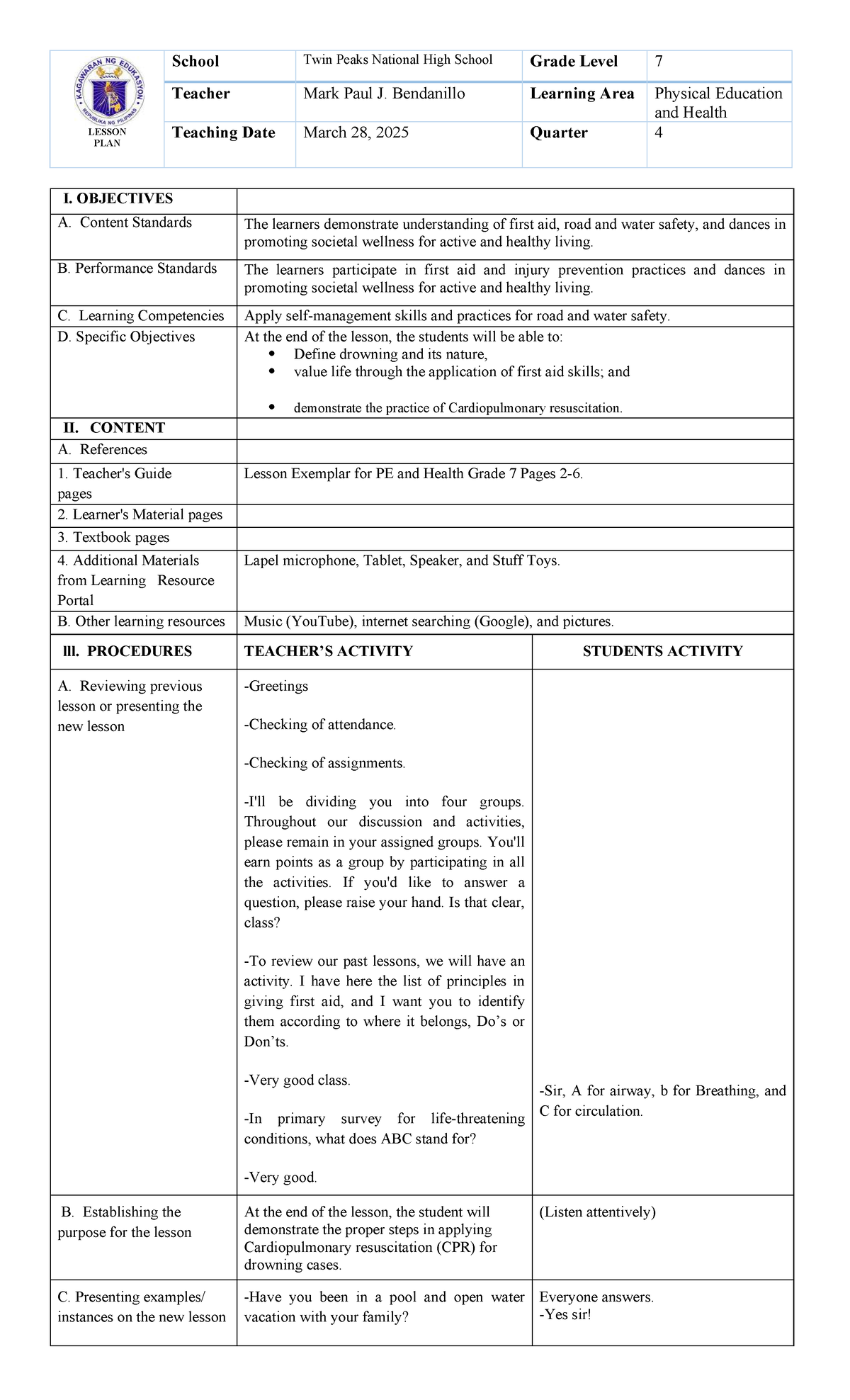 Detailed Lesson Plan on CPR for Grade 7 PE & Health (PEH 4) - Studocu