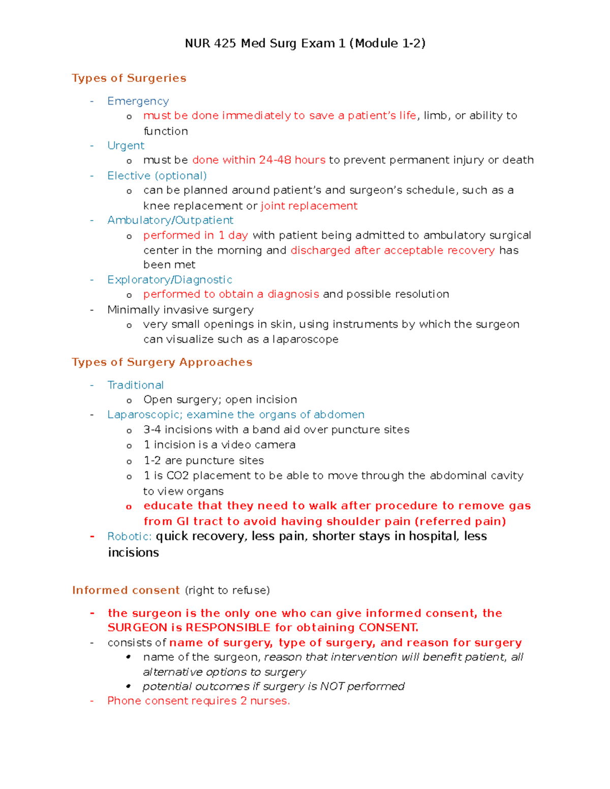 NUR 425 Med Surg Exam 1 Notes: Types of Surgeries & Anesthesia - Studocu