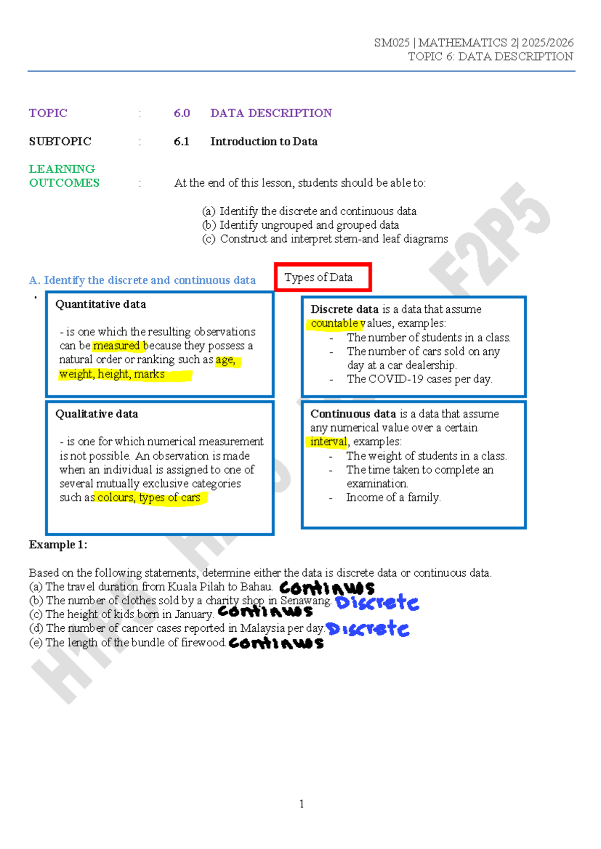 SM025 Mathematics Topic 6: Data Description and Analysis - Studocu
