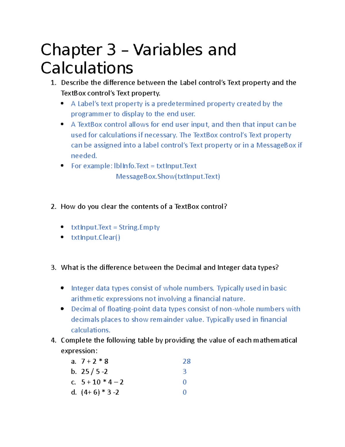 Chapter 4 Review Questions - Visual Basic - Chapter 4 – Making ...
