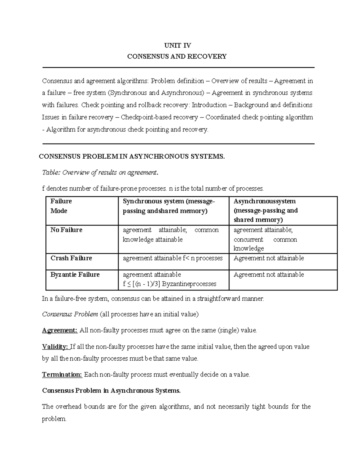 CS3551 Final Exam Notes on Consensus & Recovery Algorithms - Studocu