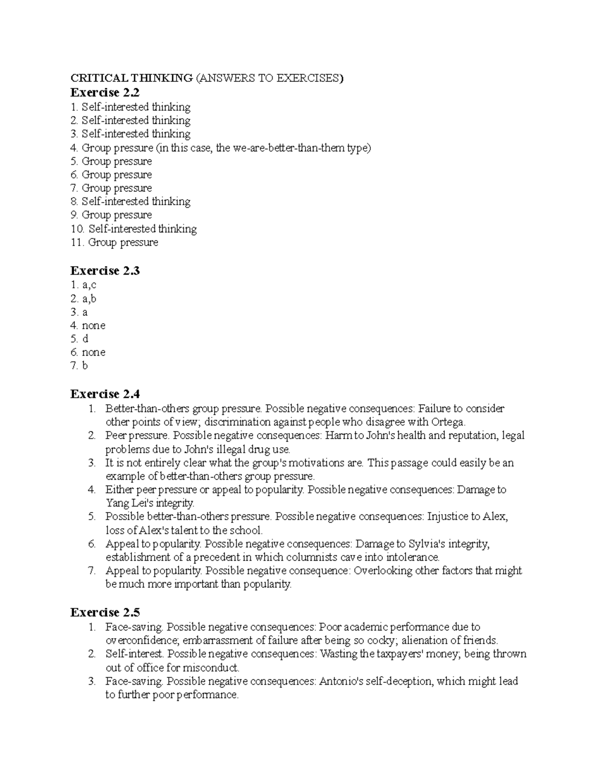 Critical Thinking Exercises Answers (2.2, 2.3, 2.4, 2.5) - Studocu