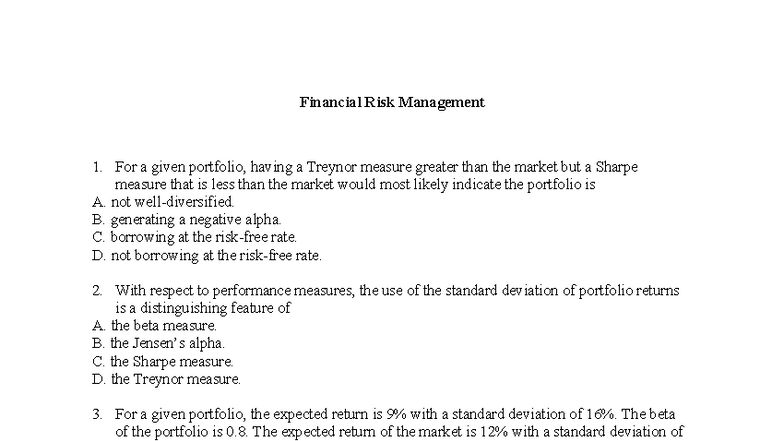 Financial Risk Management Practice Questions 3 - Studocu