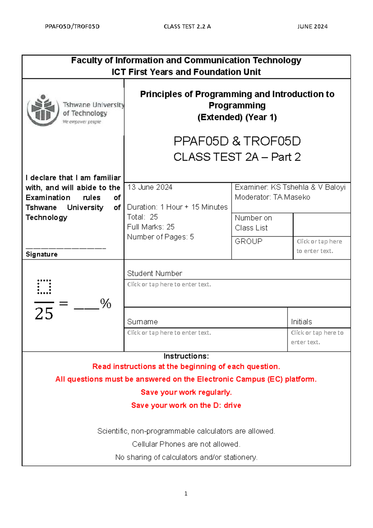 CLASS TEST 2.2 A JUNE 2024 - Programming Principles & Java Code - Studocu