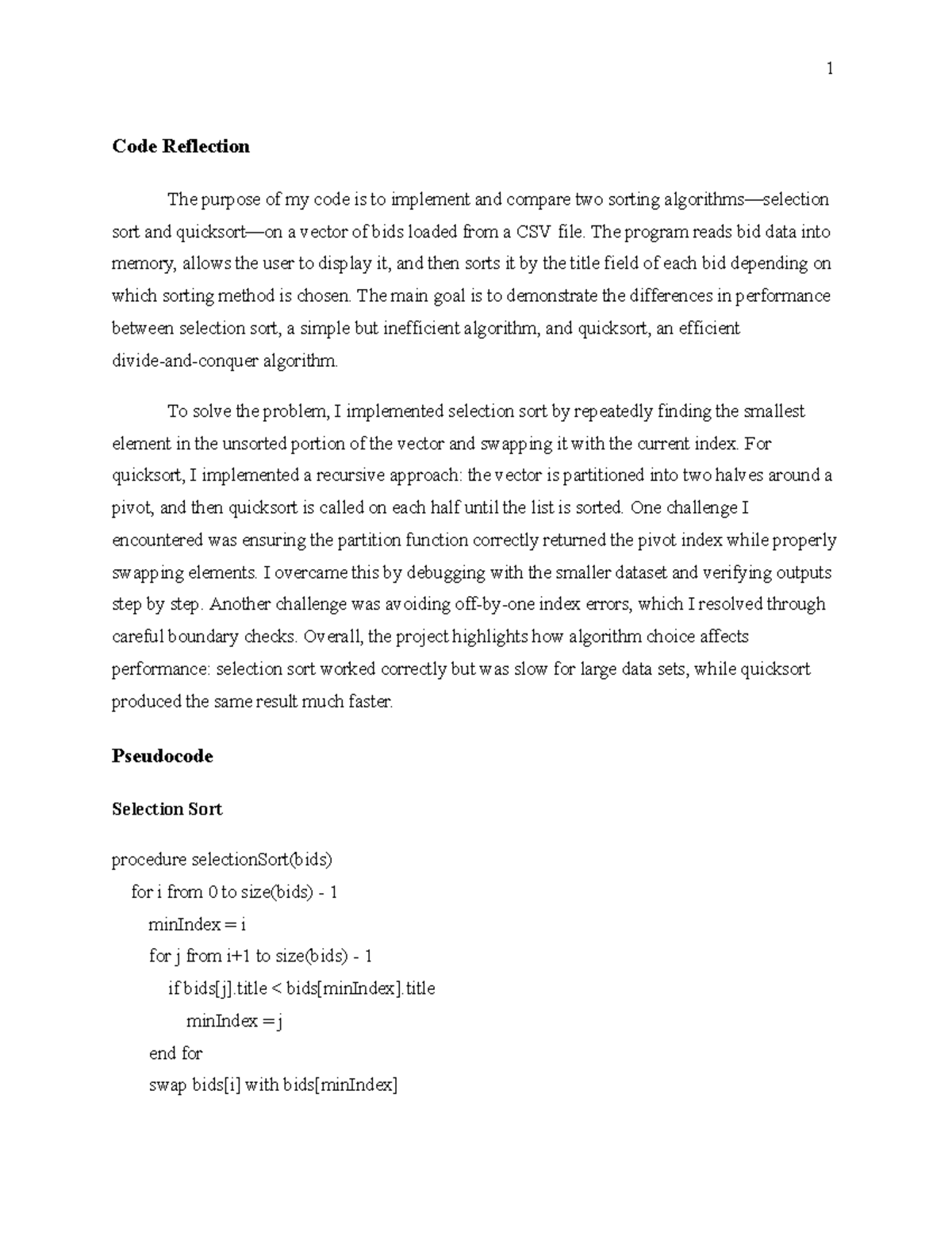 Code Reflection: Comparing Selection Sort & Quicksort Performance - Studocu