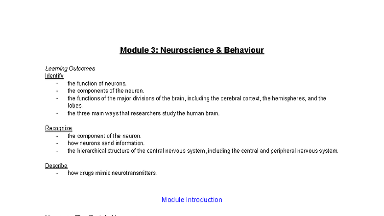 Module 3 Neuroscience Behaviour Neurons And Brain Functions Studocu