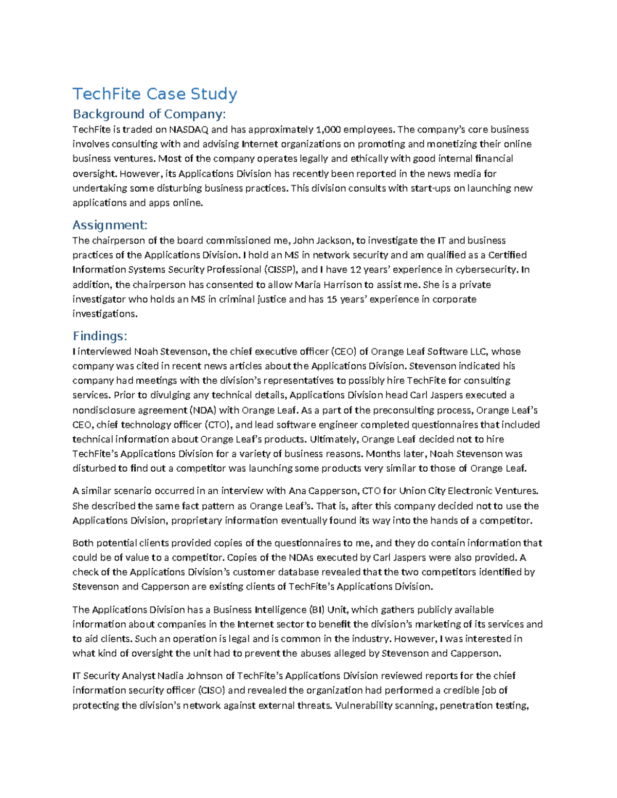 TechFite Case Study: Investigating Applications Division Practices ...