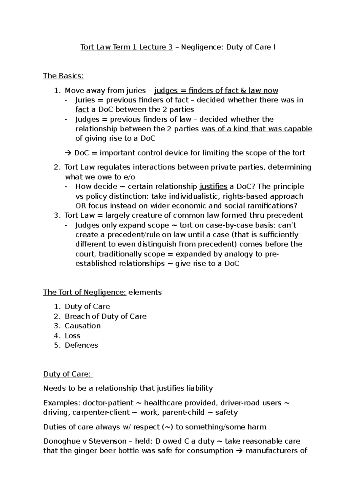 Tort Law T1L3 - Negligence Duty of Care I - Tort Law Term 1 Lecture 3 ...