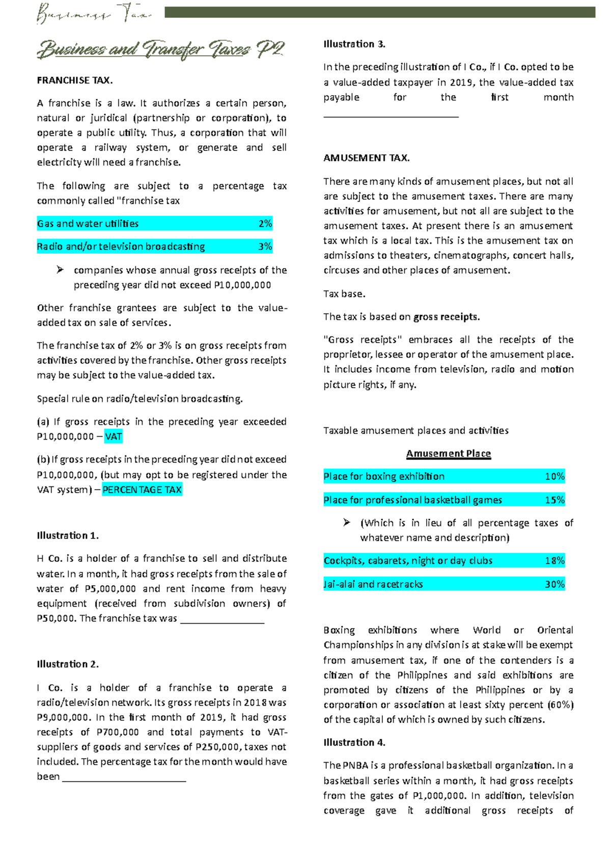 Taxation Fundamentals: Percentage Tax Notes & Illustrations - Studocu