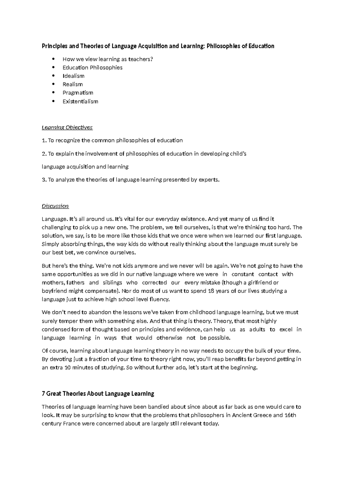 EDU 101: Principles & Theories of Language Acquisition & Learning - Studocu
