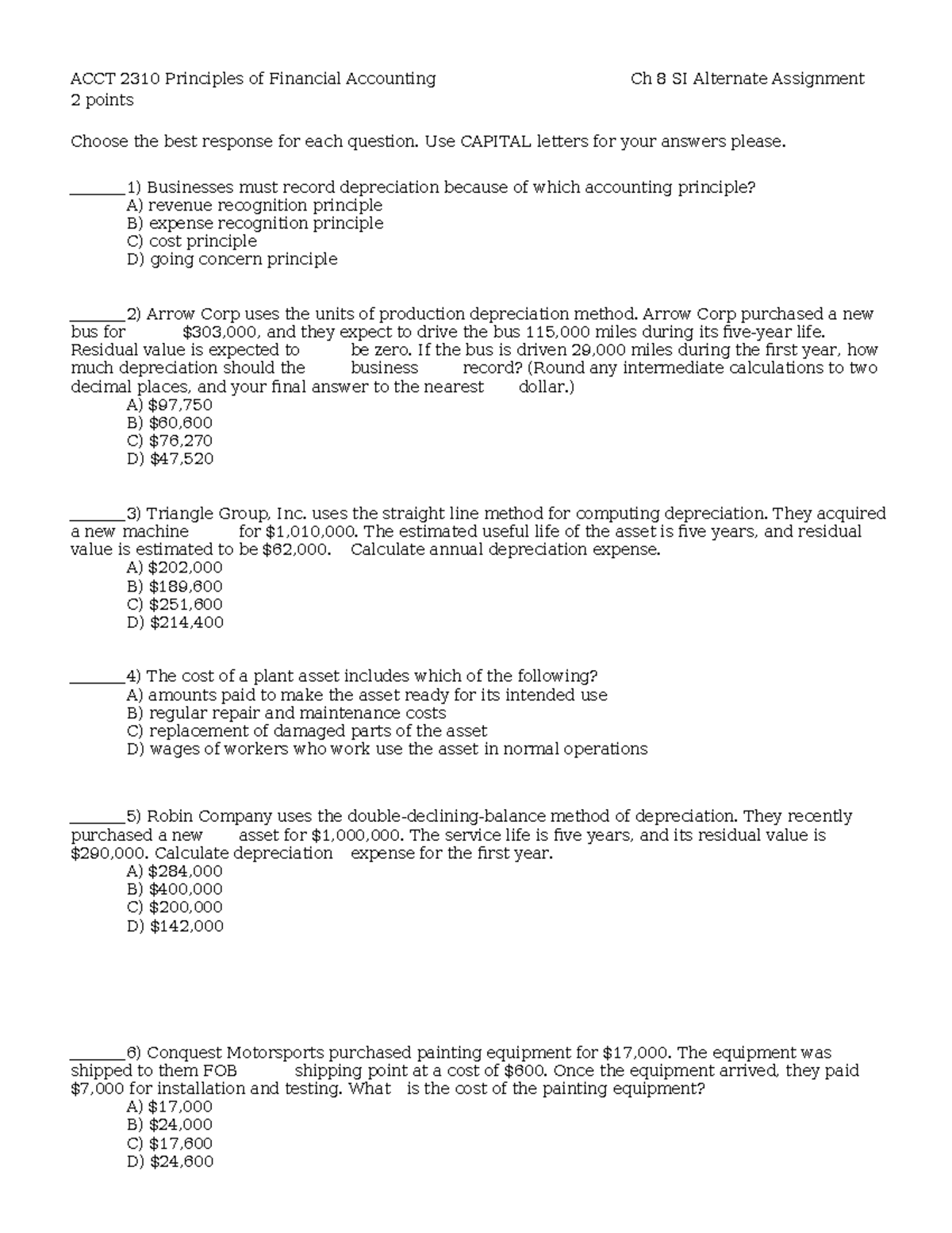 SI Ch 8 Alternate Assignment - ACCT 2310 Principles of Financial ...