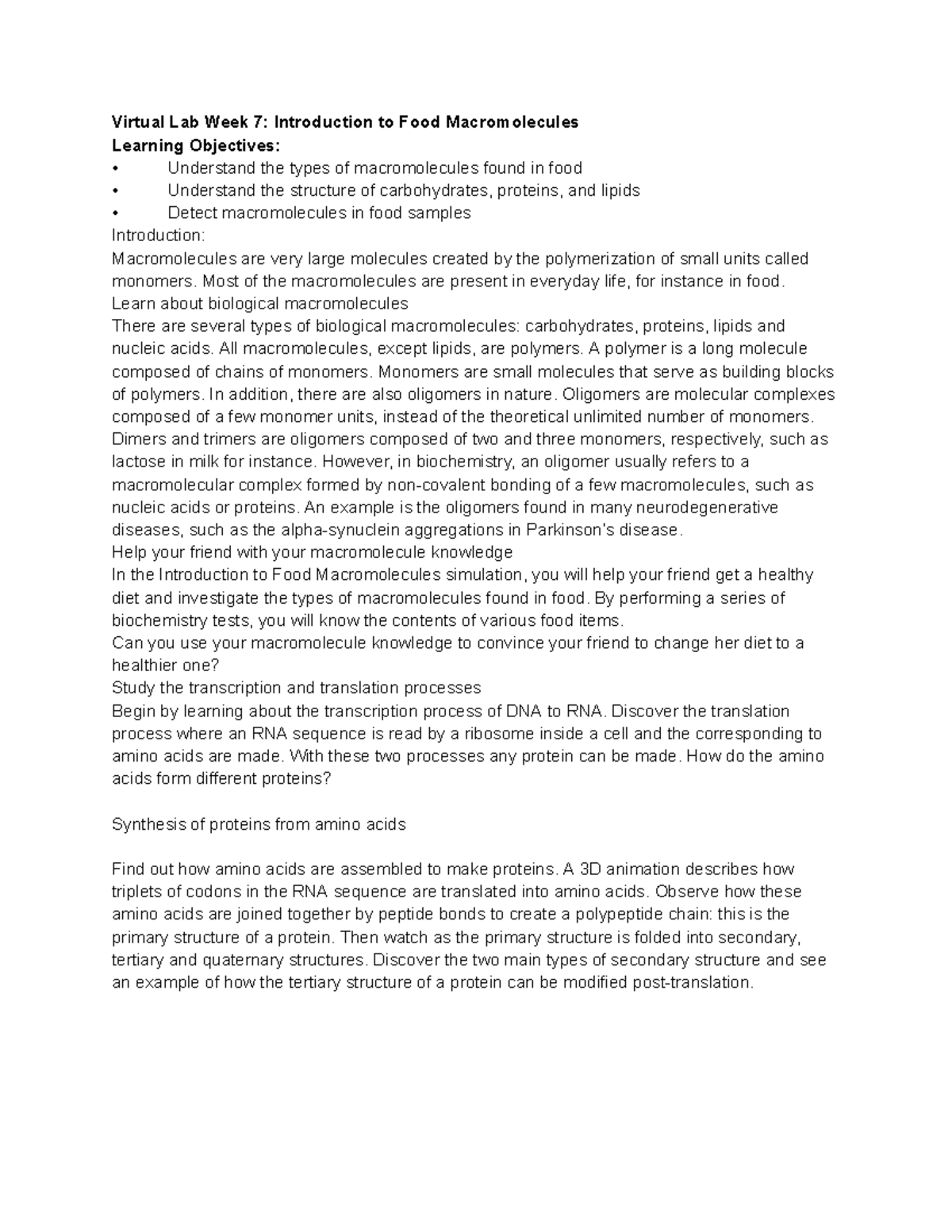 CHEM 120 - Week 7 Lab Report - Virtual Lab Week 7: Introduction to Food ...