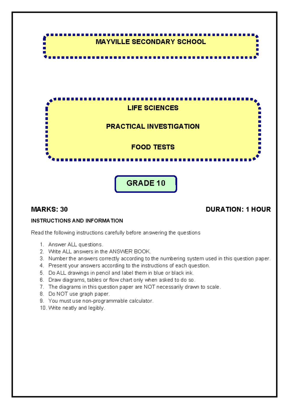 Grade 10 Life Sciences Practical: Food Tests Investigation Guide - Studocu