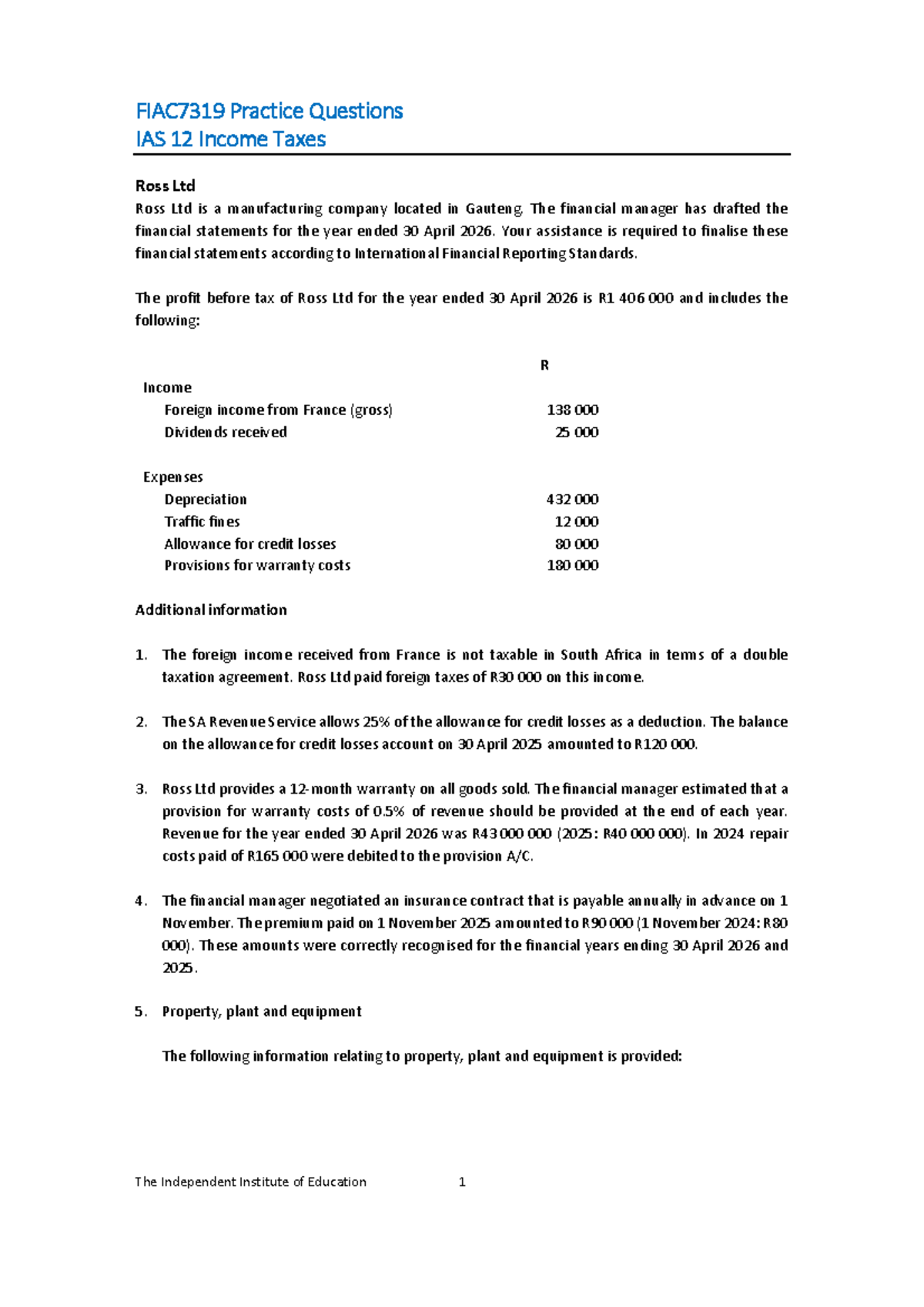 FIAC7319 Practice Questions on IAS 12 Income Taxes for Ross Ltd - Studocu