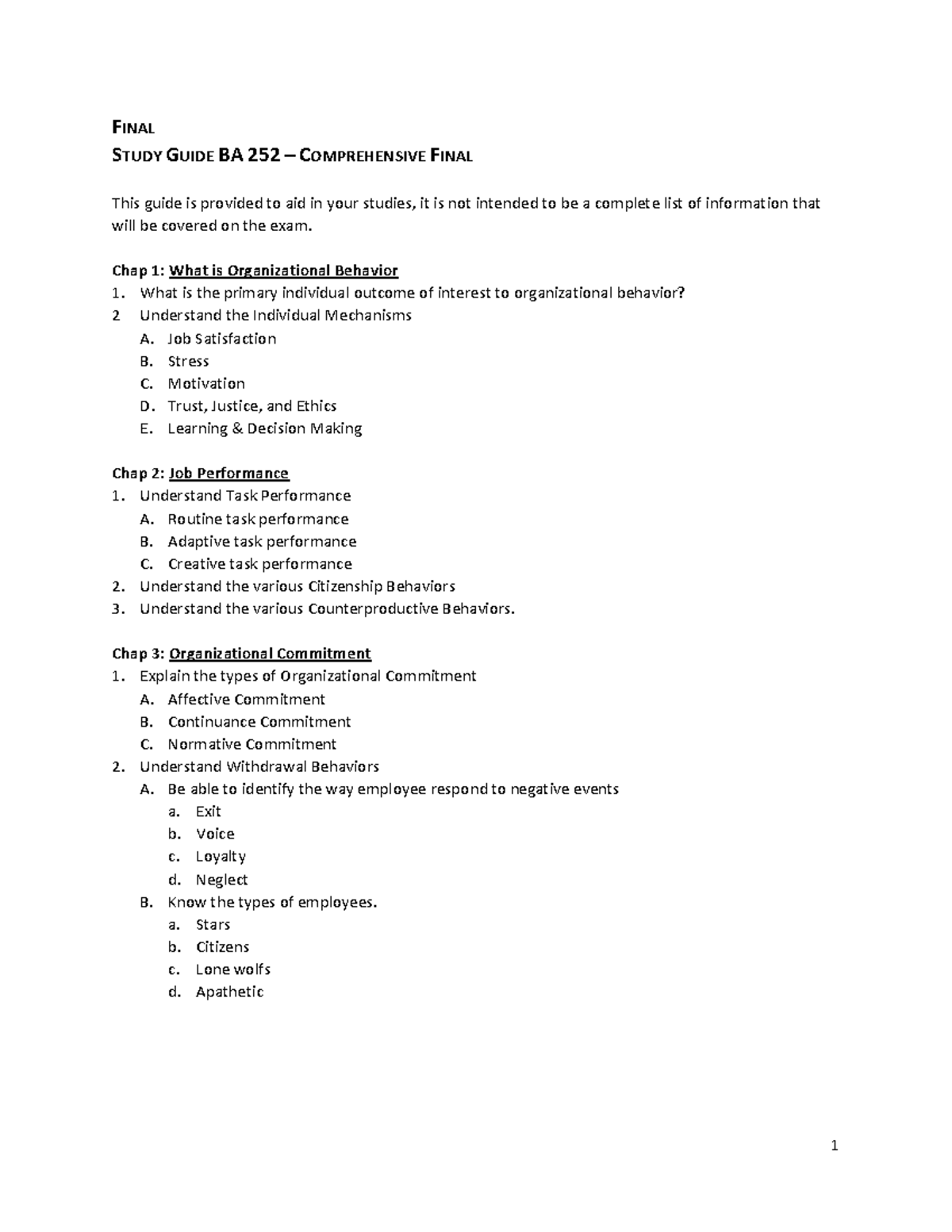 Final Study Guide for BA 252: Comprehensive Exam Prep Overview - Studocu