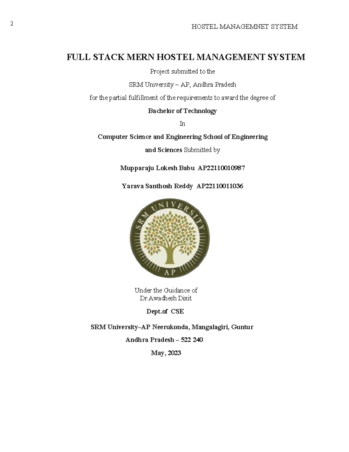 B.Tech Project Report: Full Stack MERN Hostel Management System - Studocu