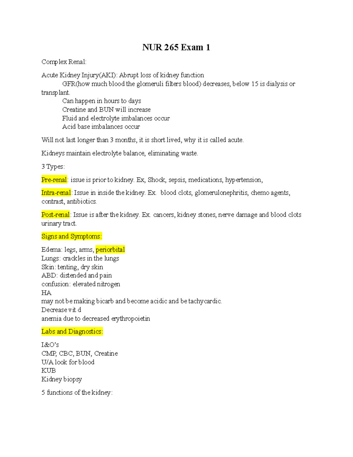 NUR 265 Exam 1: Key Concepts for Acute Kidney Injury and Cardiac Care ...