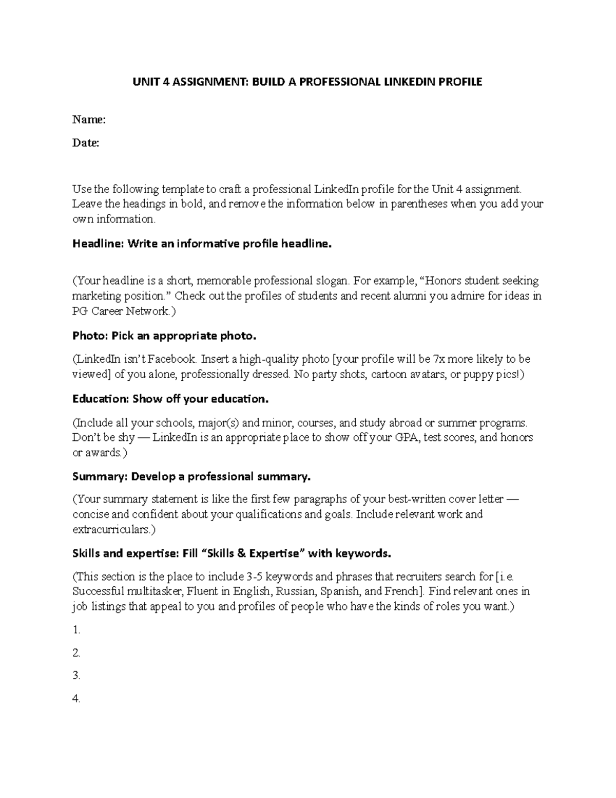 CS212 Unit 4 Assignment: LinkedIn Profile Development Template - Studocu