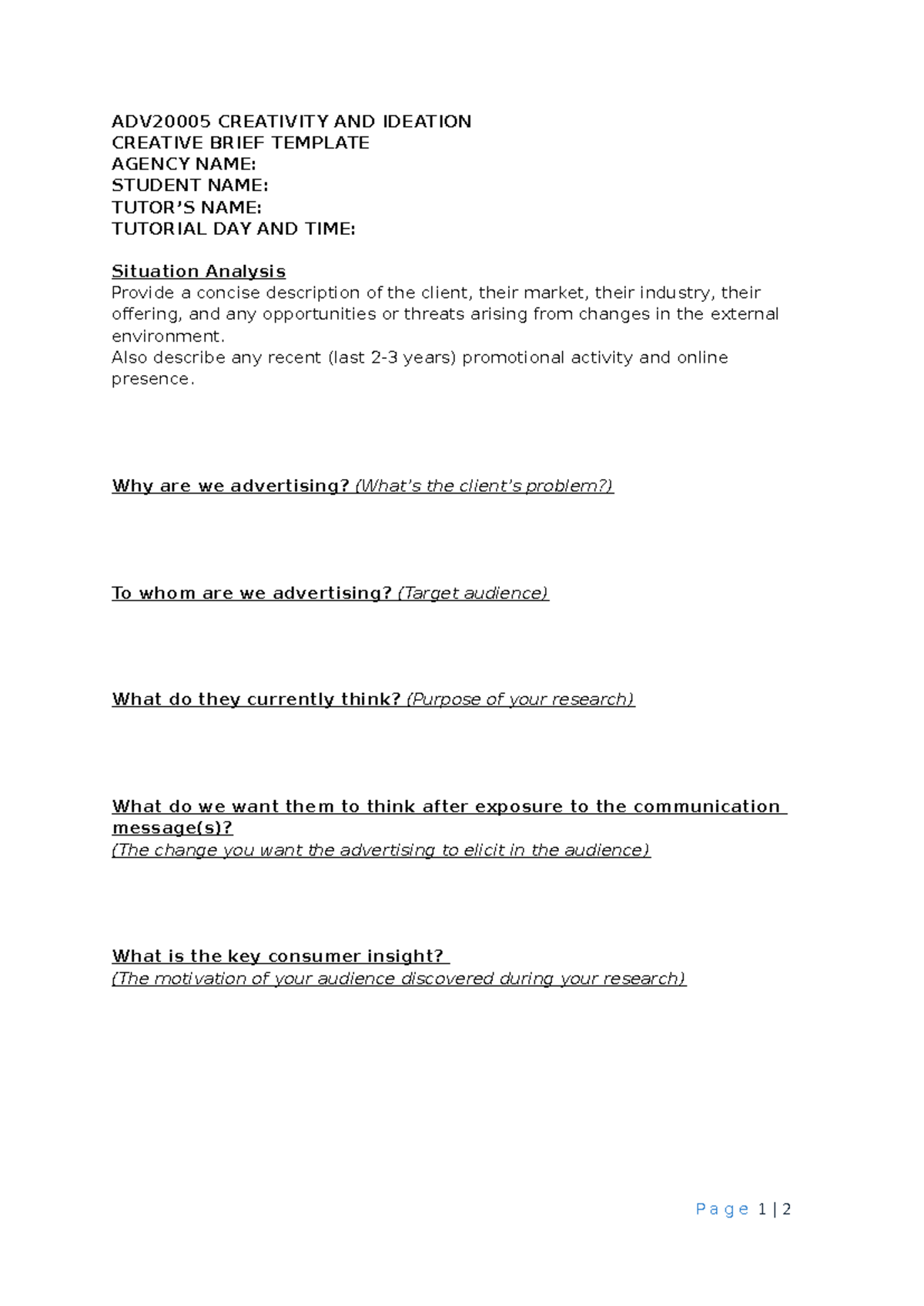 Creative Brief Template for CREATIVITY AND IDEATION Course - Studocu